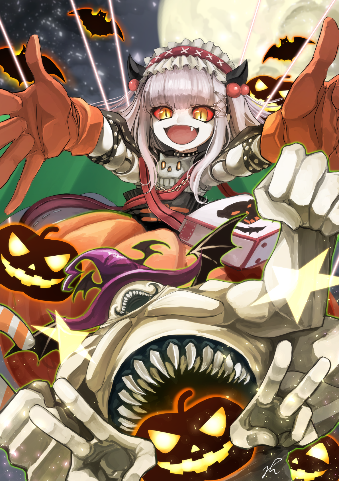 mindori, duel masters, commentary request, highres, 1girl, bat (animal), colored sclera, creature, doll, doll joints, fang, frilled hairband, frills, gloves, hair ornament, hairband, halloween, halloween costume, hat, jack-o'-lantern, jenny (duel masters), joints, moon, open mouth, orange gloves, outstretched arms, pumpkin skirt, red sclera, v, witch hat, yellow eyes