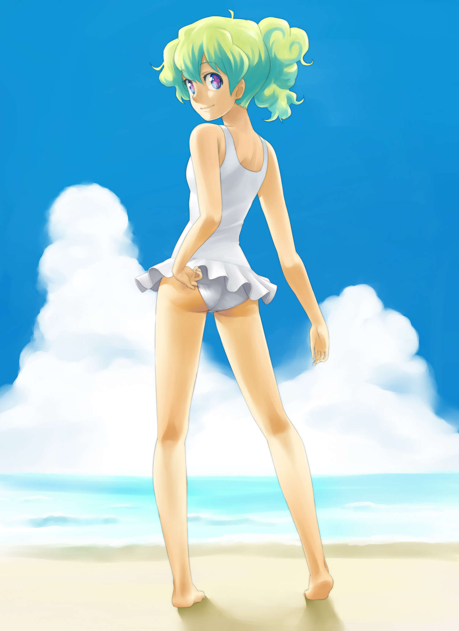 nagian, nia teppelin, tengen toppa gurren lagann, bad id, bad pixiv id, highres, + +, 00s, 1girl, adjusting clothes, adjusting swimsuit, ass, barefoot, beach, bikini, cloud, cross-shaped pupils, day, female focus, full body, green hair, legs, long legs, looking back, multicolored eyes, multicolored hair, ocean, one-piece swimsuit, outdoors, ponytail, sand, sky, smile, solo, standing, swimsuit, symbol-shaped pupils, water