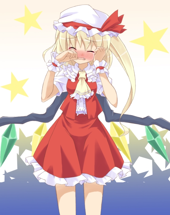 gumoyu, flandre scarlet, touhou, bad id, bad pixiv id, 1girl, blonde hair, blouse, blush, closed eyes, collared shirt, female focus, hat, mob cap, one side up, shirt, side ponytail, solo, tears, white hat, white shirt, wings, wrist cuffs