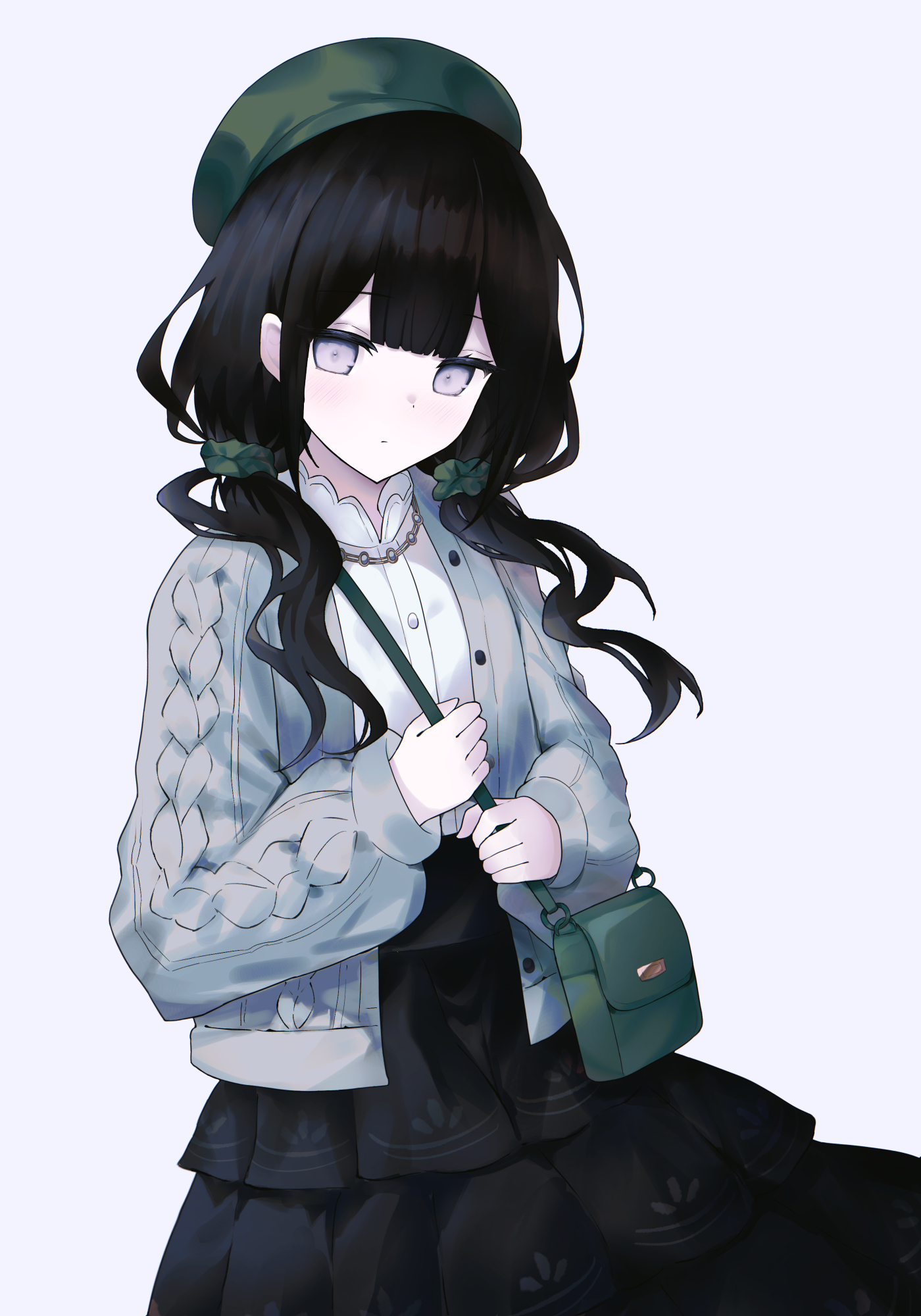 glazearty, kurobe nanoka, book off, mahou shoujo no majo saiban, commentary request, highres, 1girl, bag, beret, black hair, black skirt, blunt bangs, cable knit, cardigan, closed mouth, cowboy shot, double-parted bangs, green bag, green hat, green scrunchie, grey cardigan, grey eyes, hair ornament, hair scrunchie, hat, holding strap, jewelry, long hair, looking at viewer, low twintails, necklace, official alternate costume, open cardigan, open clothes, scrunchie, shirt, shoulder bag, simple background, skirt, solo, twintails, white background, white shirt
