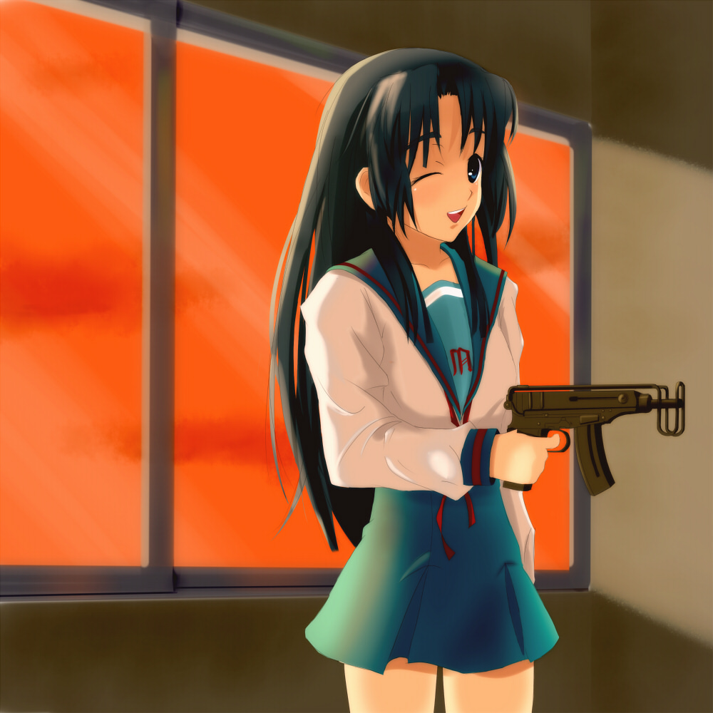 u-suke (supertie), asakura ryoko, suzumiya haruhi no yuuutsu, bad id, bad pixiv id, 00s, blue eyes, blue hair, classroom, gun, long hair, one eye closed, school, school uniform, serafuku, skorpion vz. 61, smile, submachine gun, sunset, weapon, wink