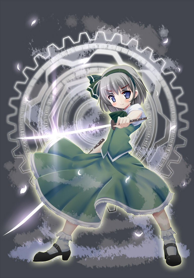 pikazo, konpaku youmu, touhou, >:), 1girl, blue eyes, blush, bobby socks, dual wielding, female focus, gears, glowing, glowing petals, grey hair, hairband, holding, katana, magic circle, mary janes, petals, purple eyes, shoes, short hair, socks, solo, sword, v-shaped eyebrows, weapon