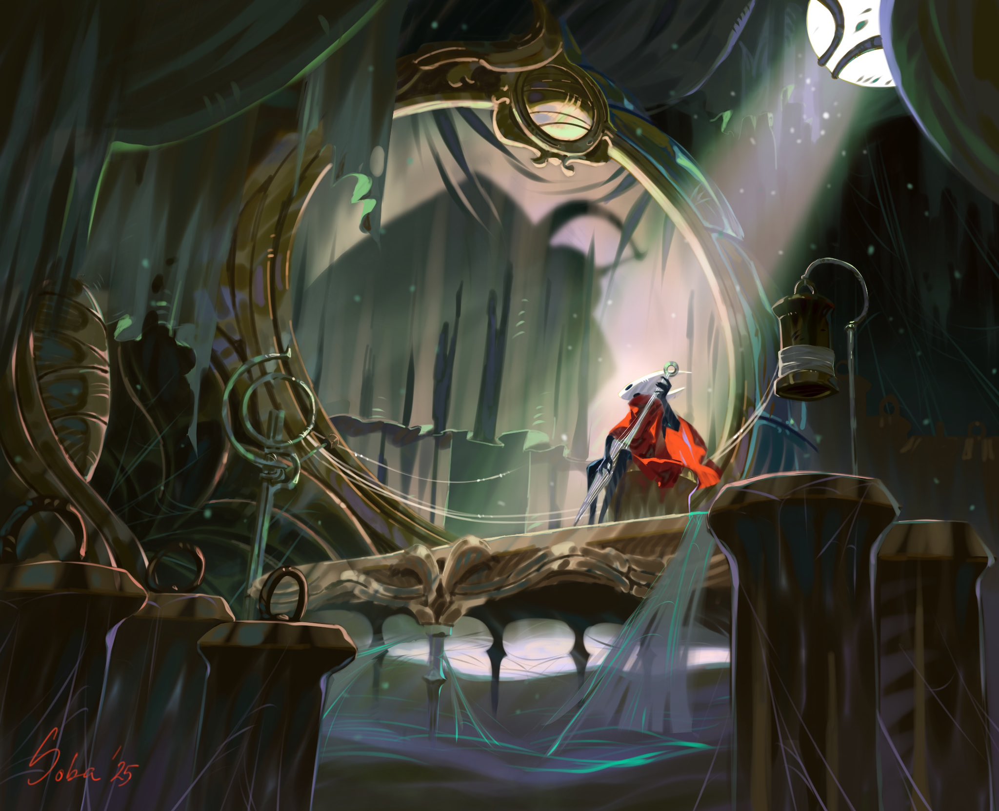 frozensoba, hornet (hollow knight), hollow knight, hollow knight: silksong, commentary, english commentary, highres, arthropod girl, behind curtains, black eyes, black skin, colored skin, curtains, holding, hollow eyes, horned mask, horns, in-universe location, indoors, instrument, looking at another, mask, music, needolin (hollow knight), playing instrument, silk, sitting, spider web, spool, white mask