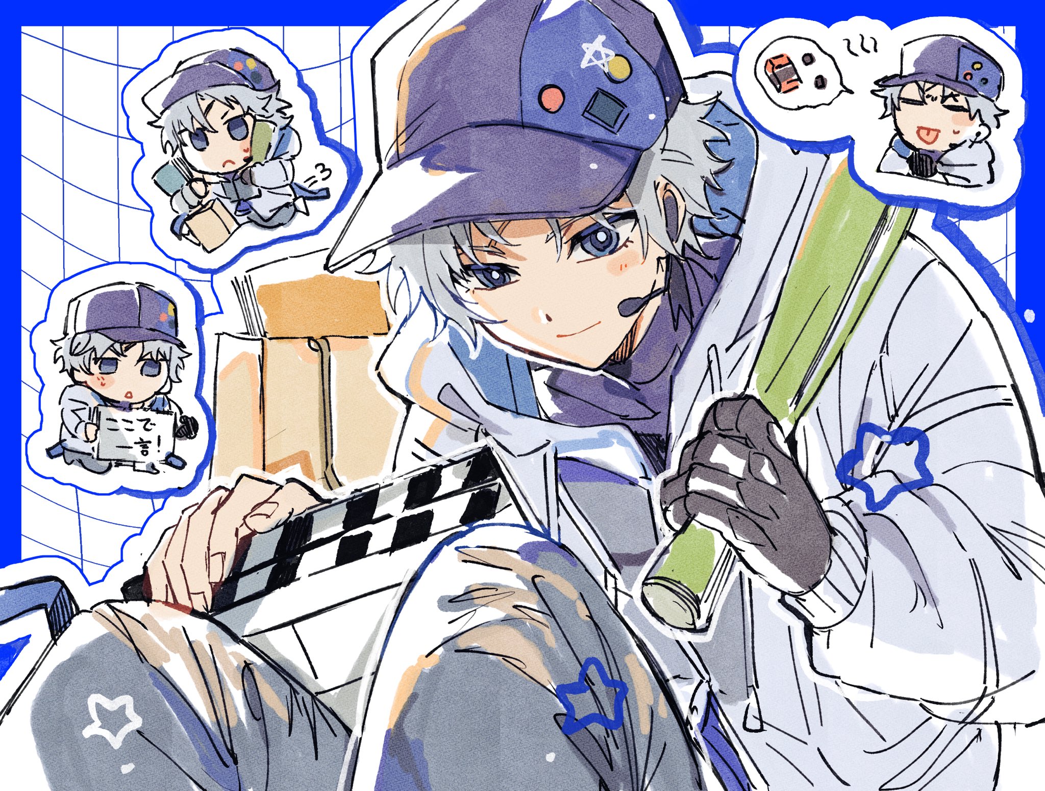 toramaru (696anna), toudou heisuke (fate), fate/grand order, fate (series), highres, 1boy, bag, baseball cap, blue border, blue eyes, blue hat, border, chibi, chibi inset, clapperboard, denim, earrings, hat, hood, hooded jacket, jacket, jewelry, long sleeves, official alternate costume, outside border, paper bag, prosthesis, prosthetic arm, rolled up paper, salmiakki, scar, scar on face, scar on forehead, sitting, solo, turtleneck, white hair, white jacket