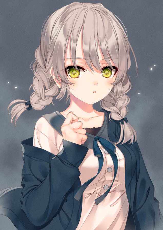 amamiya chiharu, original, commentary request, 1girl, black bow, blue bow, blue jacket, bow, braid, breasts, brown hair, collarbone, dress, grey background, hair between eyes, hair bow, hair over shoulder, jacket, long hair, long sleeves, looking at viewer, low twintails, off shoulder, open clothes, open jacket, parted lips, puffy long sleeves, puffy sleeves, sleeves past wrists, small breasts, solo, twin braids, twintails, upper body, white dress, yellow eyes