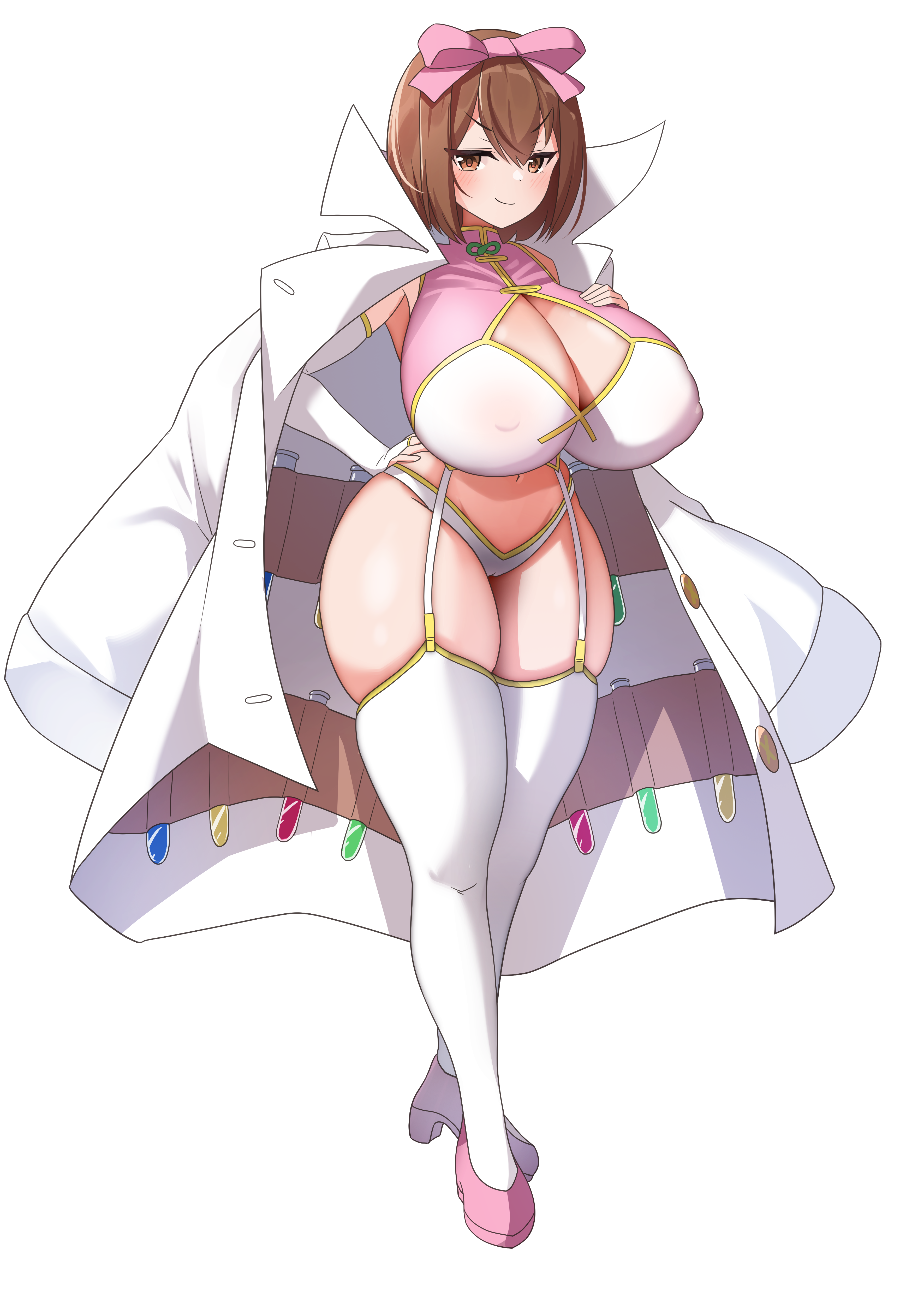 satoyama meu, haruka (senran kagura), takamiya nasuno, senran kagura, senran kagura burst, senran kagura burst re:newal, senran kagura estival versus, senran kagura shinovi versus, teekyuu, absurdres, commentary request, commission, highres, pixiv commission, 1girl, alternate breast size (larger), bee hair ornament, blush, bow, breasts, brown eyes, brown hair, cleavage, cleavage cutout, closed mouth, clothing cutout, coat, cosplay, covered erect nipples, elbow gloves, full body, garter straps, gloves, hair bow, haruka (senran kagura) (cosplay), huge breasts, looking at viewer, navel, panties, pink bow, pink shirt, pink shoes, shirt, shoes, short hair, smile, smug, solo, standing, test tube, thighhighs, thighs, underwear, v-shaped eyebrows, white coat, white garter straps, white panties, white shirt, white thighhighs