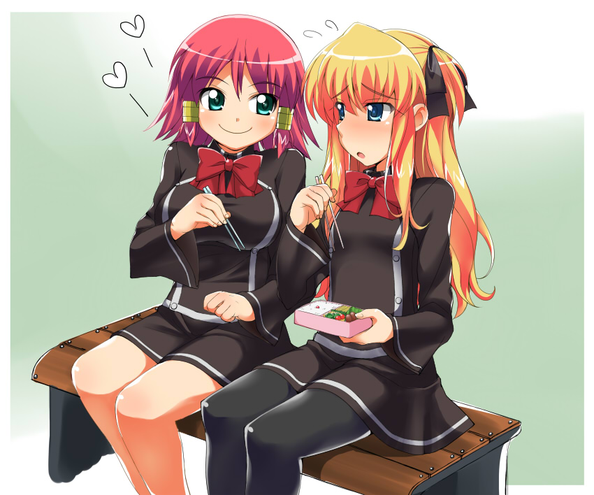 shiden (sashimi no wife), ruquia, shalon, quiz magic academy, 2girls, bench, bento, blonde hair, blue eyes, blush, chopsticks, green eyes, heart, multiple girls, pantyhose, red hair, ribbon, school uniform, short hair, skirt, smile, surprised