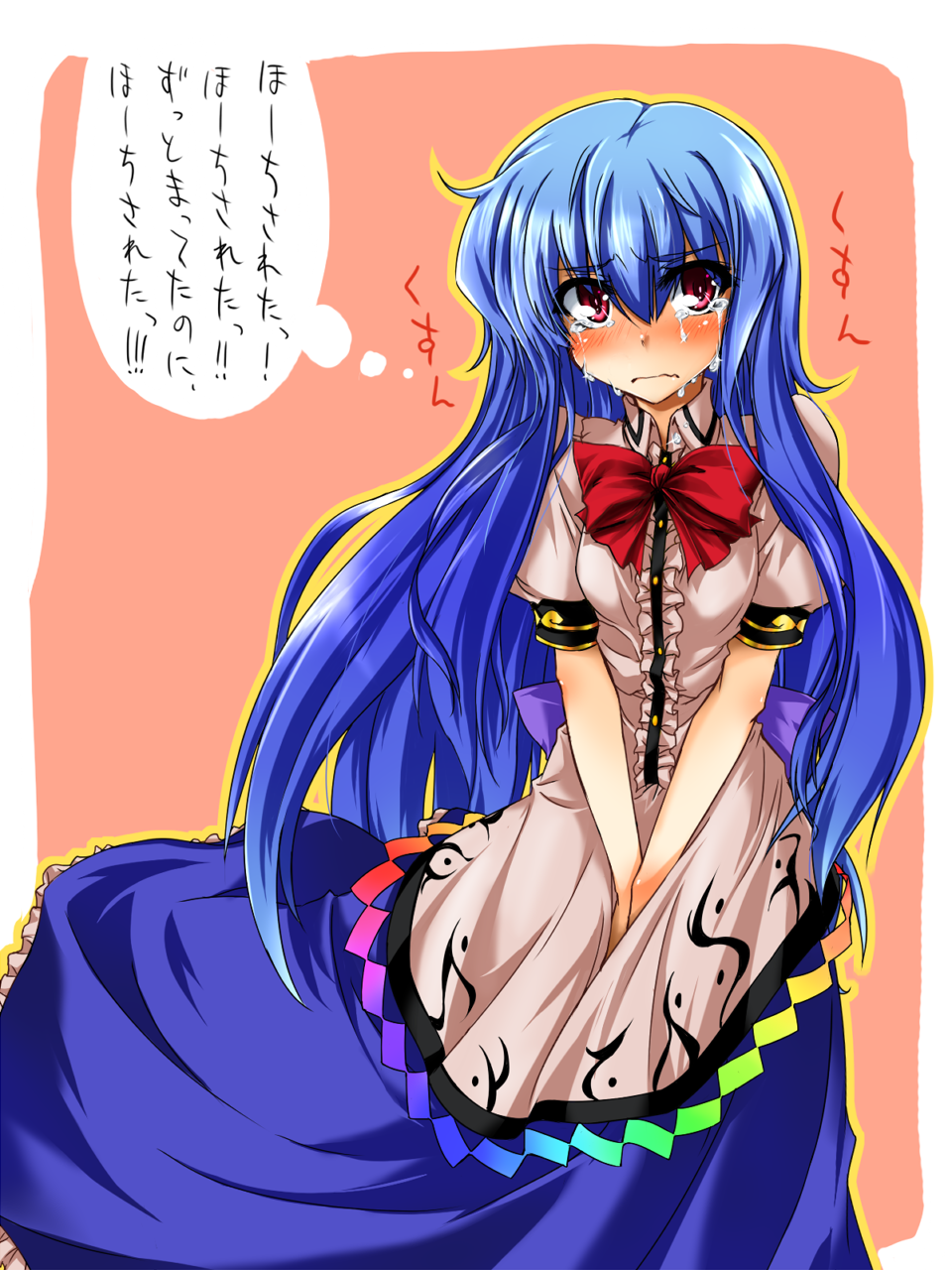 iseno yajin, hinanawi tenshi, touhou, highres, translated, 1girl, blue hair, blush, female focus, long hair, red eyes, ribbon, solo, standing, tears