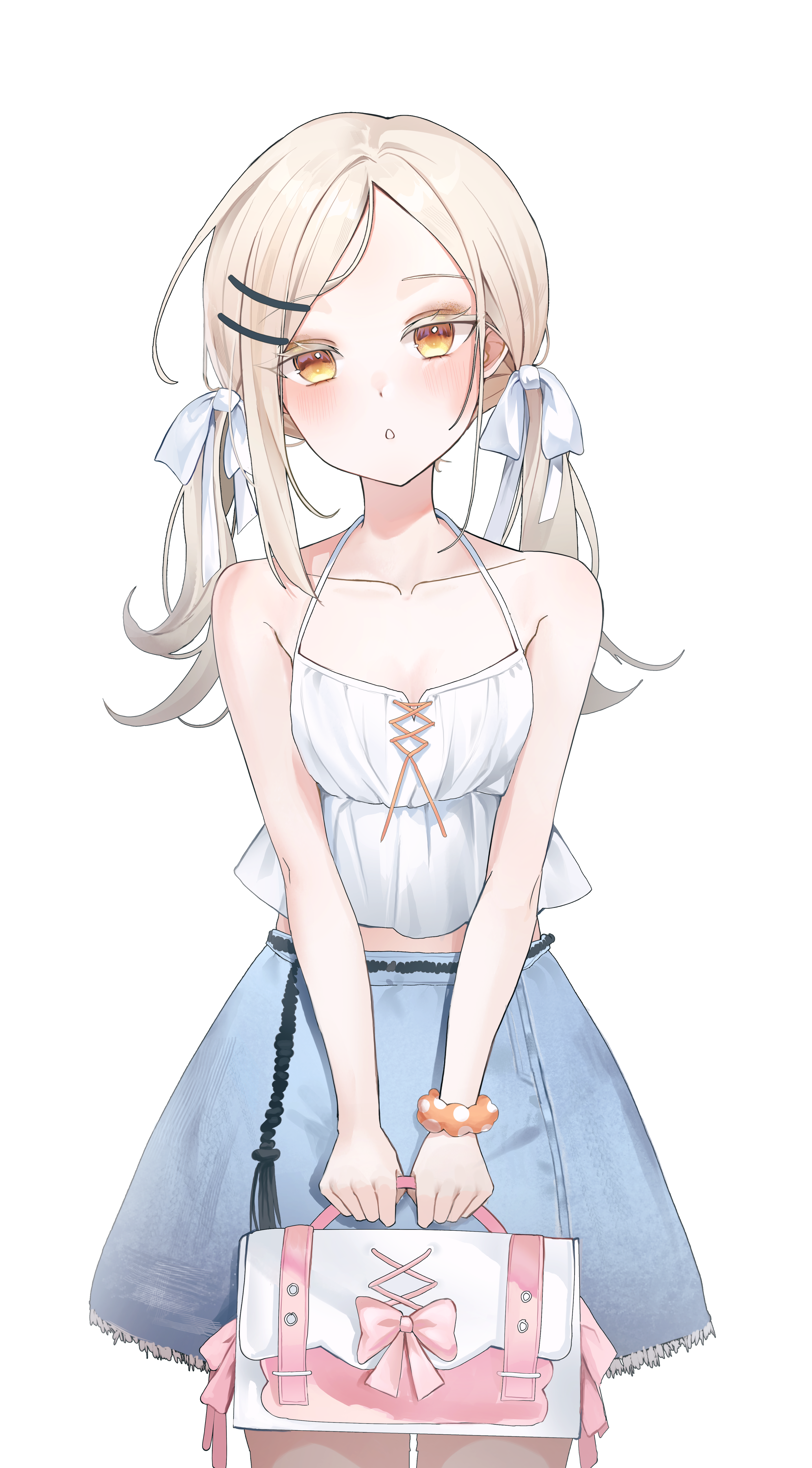 hare (hare 1730), shinosawa hiro, gakuen idolmaster, idolmaster, absurdres, commentary request, highres, 1girl, :o, bag, bare shoulders, belt, black belt, blonde hair, blue skirt, blush, bow, breasts, camisole, collarbone, colored eyelashes, cowboy shot, denim, denim skirt, eyeliner, flipped hair, gradient hair, grey hair, hair bow, hair ornament, hairclip, holding, holding bag, long hair, looking at viewer, makeup, midriff, multicolored hair, open mouth, orange eyes, orange ribbon, orange scrunchie, parallel hairclips, parted bangs, pink bow, ribbon, rope belt, scrunchie, simple background, skirt, small breasts, solo, standing, twintails, v arms, white background, white bag, white bow, white camisole, wrist scrunchie