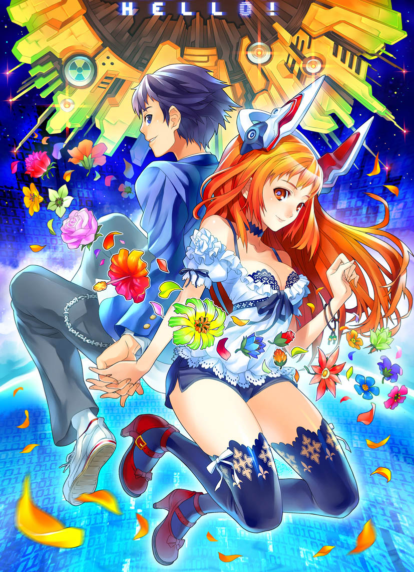 seima taniguchi, taniguchi seima, original, pixiv festa, 1boy, 1girl, back-to-back, black hair, blue eyes, blue thighhighs, blush, breasts, chain, choker, cleavage, couple, flower, frills, hetero, high heels, holding hands, lace, long hair, looking back, mary janes, off shoulder, orange eyes, orange hair, petals, red eyes, shoes, short hair, short shorts, shorts, smile, sneakers, socks, thighhighs, zettai ryouiki