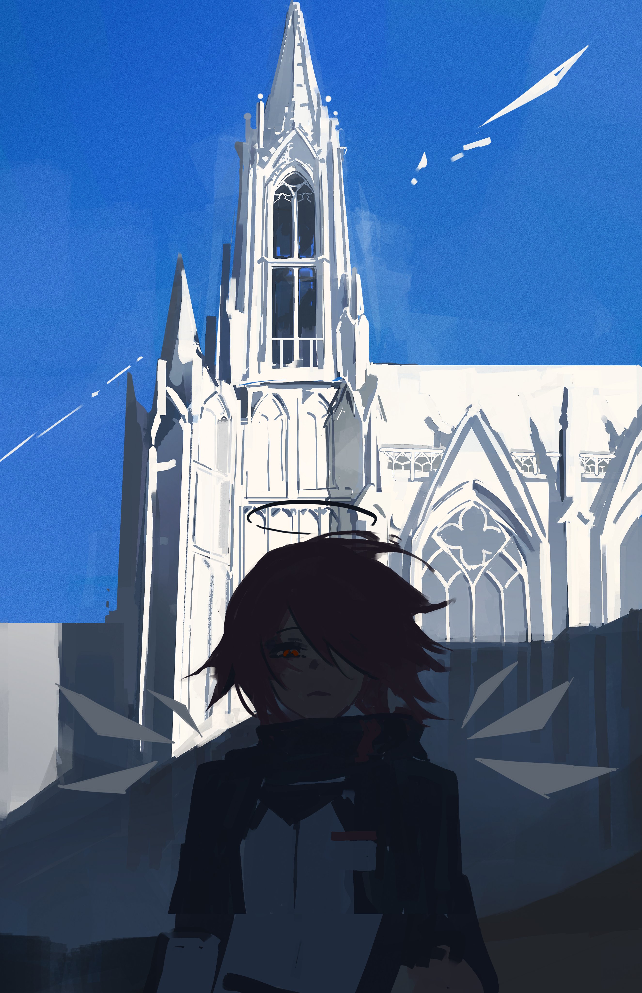 phyriaxi, exusiai (arknights), arknights, absurdres, highres, 1girl, blue sky, building, church, detached wings, face in shadow, hair over one eye, halo, jacket, looking at viewer, outdoors, red eyes, red hair, short hair, sky, solo, traditional halo, upper body, wings