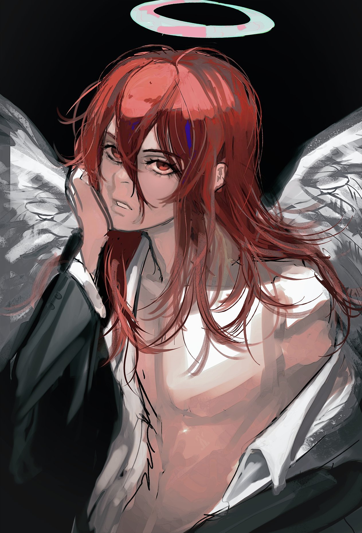 ogata69, angel devil (chainsaw man), chainsaw man, commentary, highres, 1boy, angel, angel wings, collared shirt, hair between eyes, halo, jacket, long hair, looking at viewer, male focus, no nipples, parted lips, red eyes, red hair, shirt, solo, suit jacket, teeth, traditional halo, upper body, white shirt, white wings, wings