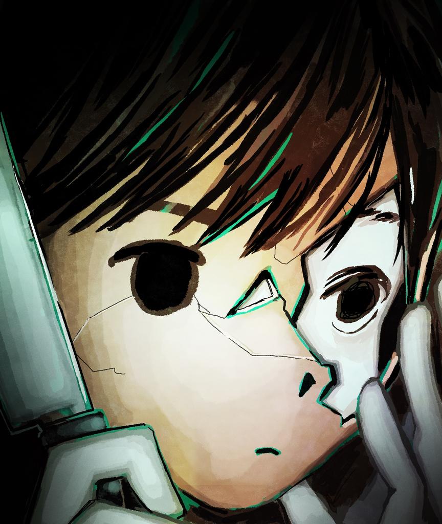 pyoppyop omori, omori (omori), sunny (omori), omori, 1boy, black background, black eyes, black hair, close-up, closed mouth, colored skin, cracked skin, dual persona, empty eyes, expressionless, film grain, frown, hand on own cheek, hand on own face, hands up, holding, holding knife, knife, looking ahead, male focus, no pupils, portrait, revealing layer, short hair, simple background, solo, swept bangs, very short hair, vignetting, white skin