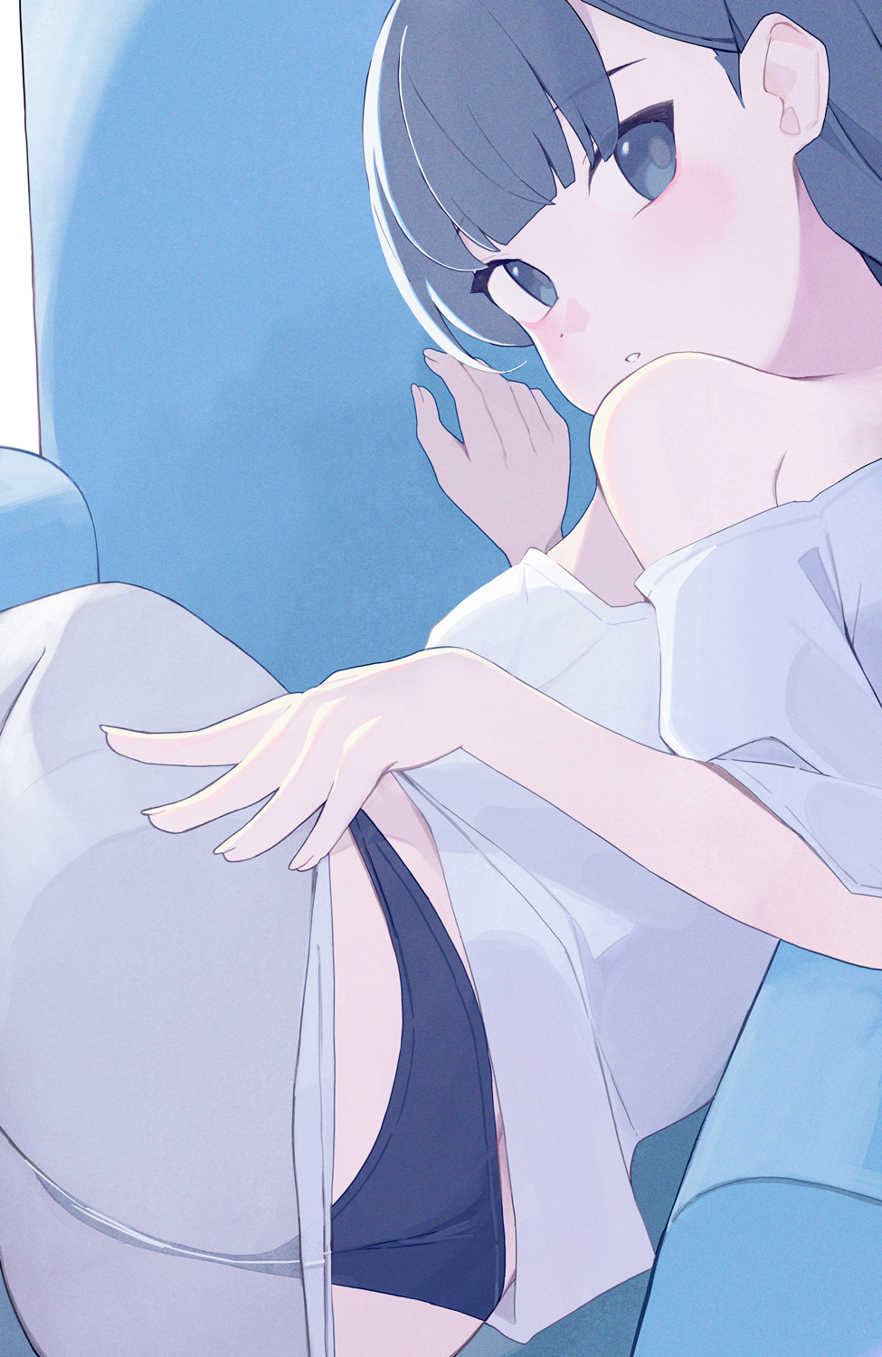 hiroki (yyqw7151), original, commentary, highres, 1girl, ass, barefoot, black hair, blue eyes, blue panties, breasts, looking at viewer, panties, pantyhose, parted lips, shirt, small breasts, solo, t-shirt, underwear, white pantyhose, white shirt