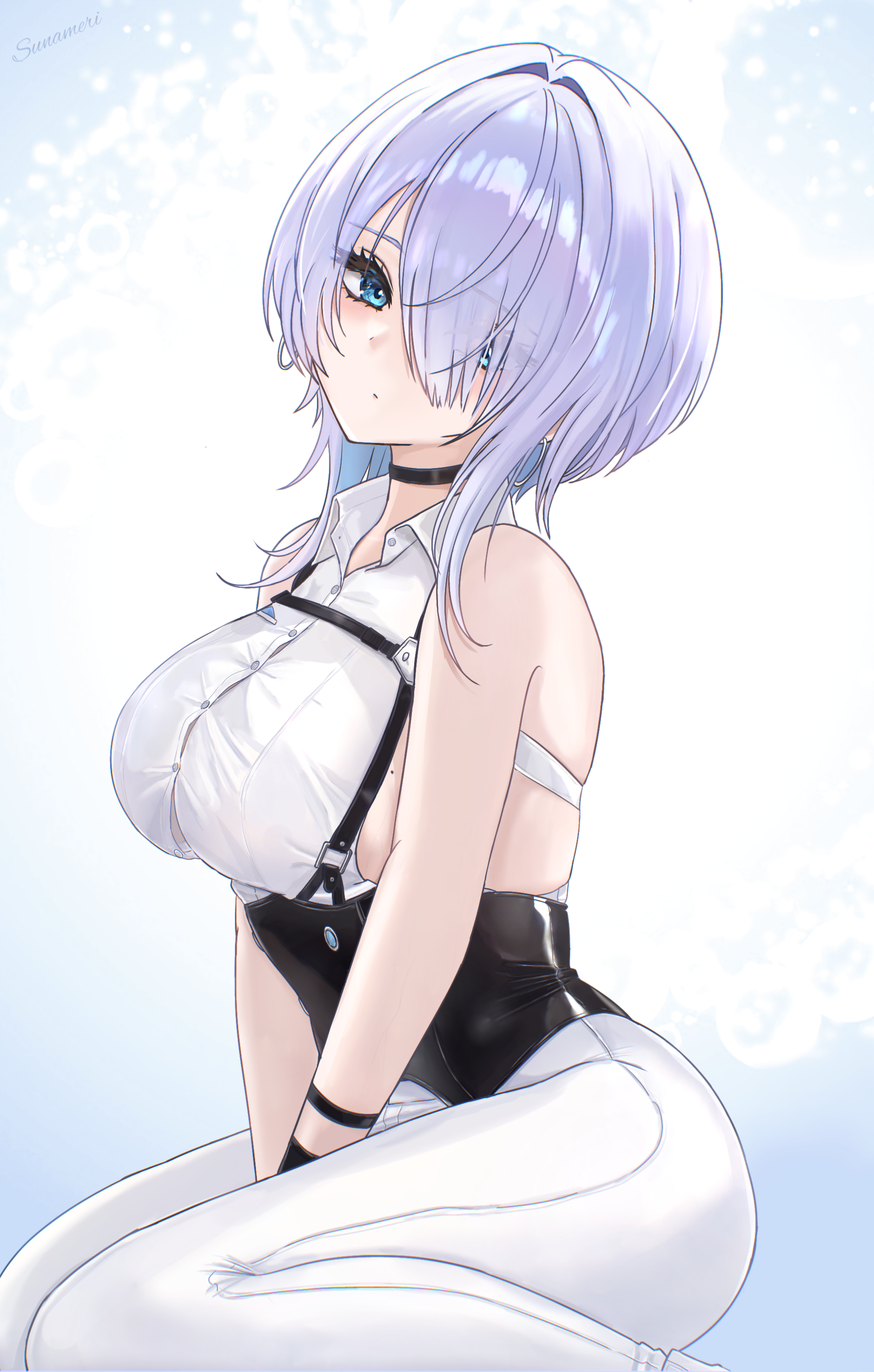 sunameri (pixiv3564245), brid (nikke), goddess of victory: nikke, absurdres, commentary request, highres, 1girl, bare shoulders, black choker, blue eyes, breasts, choker, closed mouth, collared shirt, dress shirt, feet out of frame, hair over one eye, large breasts, looking at viewer, pants, purple hair, shirt, signature, sitting, sleeveless, sleeveless shirt, solo, wariza, white pants, white shirt