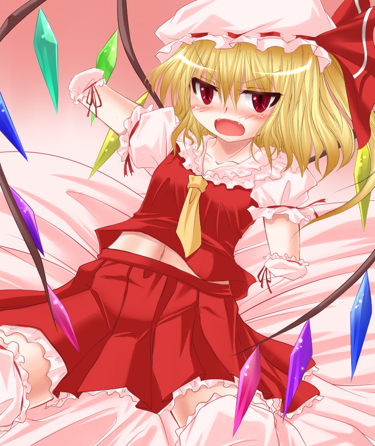 shimo (depthbomb), flandre scarlet, touhou, 1girl, amputee, blonde hair, blush, fangs, female focus, hat, midriff, navel, quadruple amputee, red eyes, sitting, solo, vampire, wings