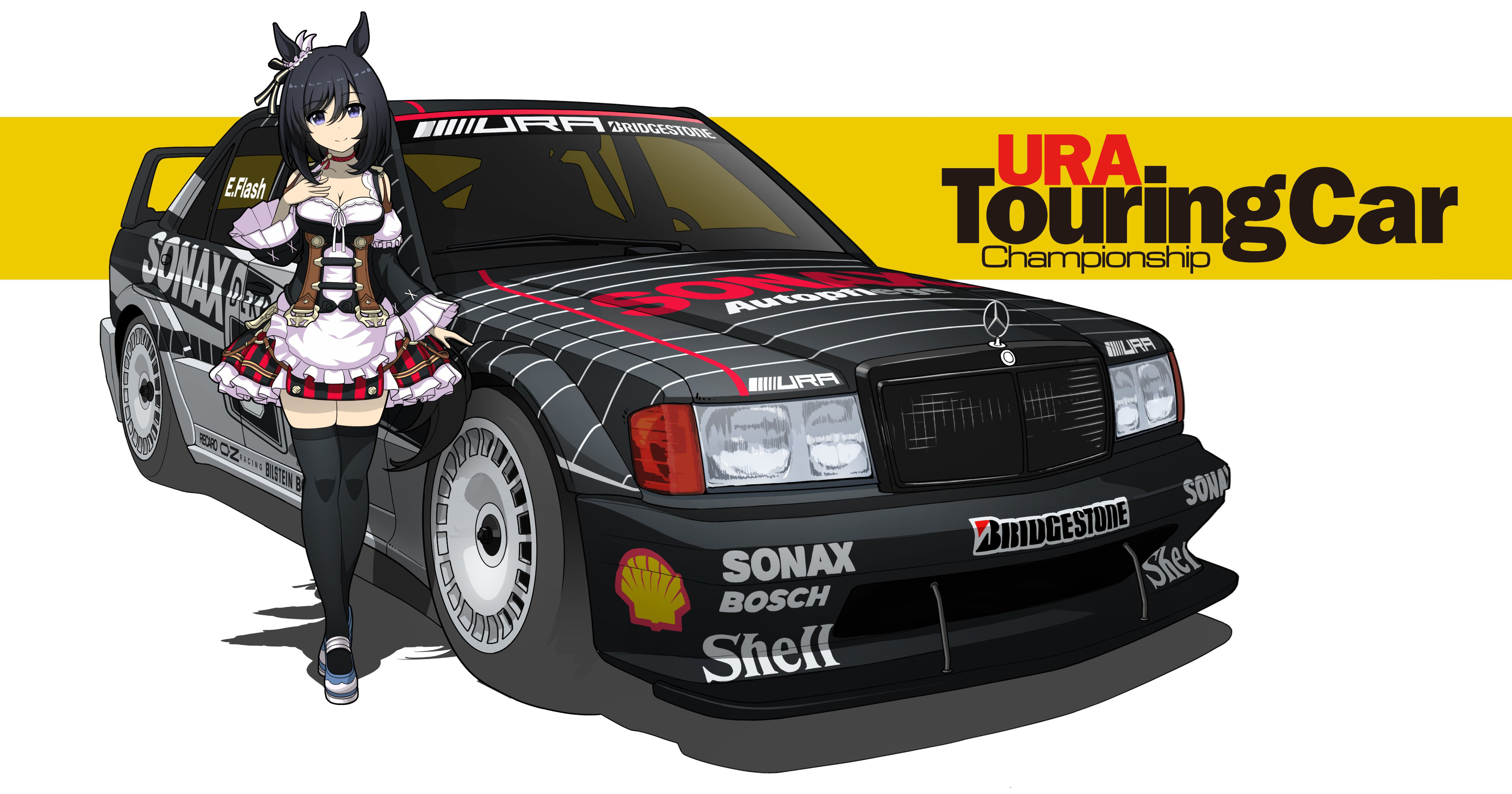 kano (nakanotakahiro1029), eishin flash (meisterschaft) (umamusume), eishin flash (umamusume), bosch (company), bridgestone, mercedes-benz, shell (company), umamusume, absurdres, commentary request, highres, 1girl, animal ears, apron, black hair, black thighhighs, bob cut, breasts, choker, cleavage, detached sleeves, deutsche tourenwagen masters, dirndl, ear scrunchie, frilled apron, frills, german clothes, hair between eyes, hand on own chest, horse ears, horse girl, horse tail, looking at viewer, mercedes-benz 190e, purple eyes, scrunchie, short hair, skirt, smile, solo, striped clothes, striped skirt, swept bangs, tail, thighhighs, vehicle focus, waist apron, white apron, white scrunchie