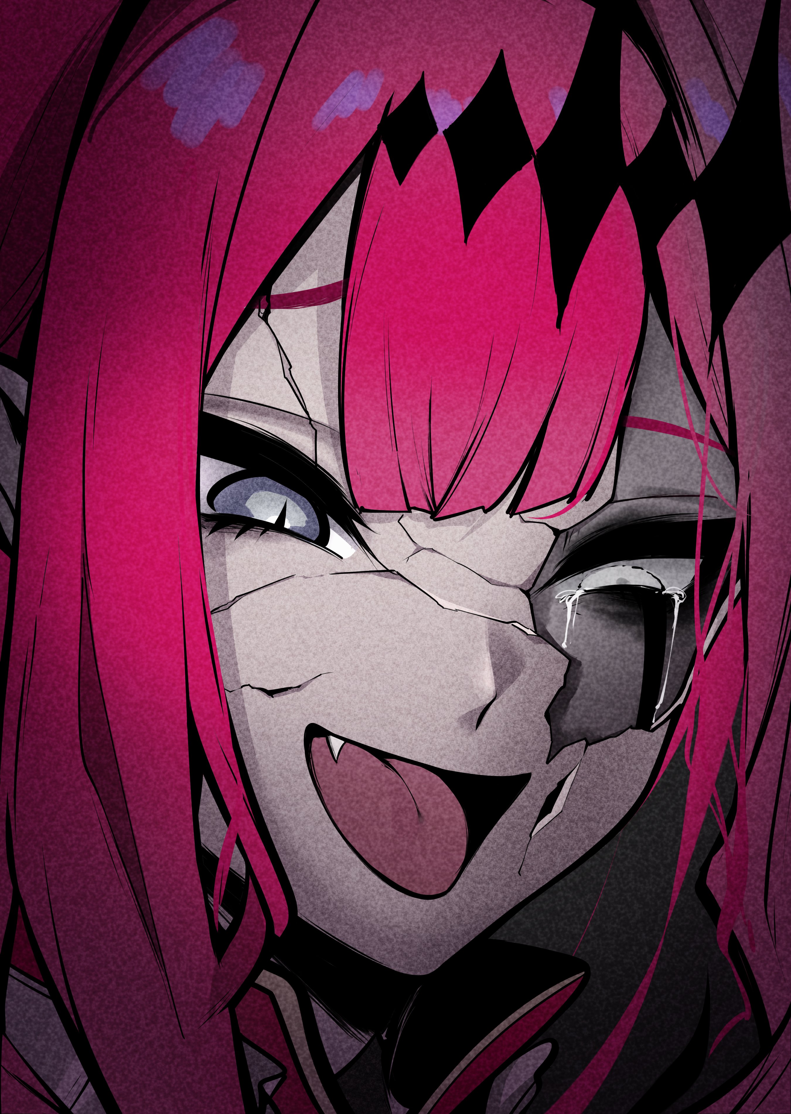 owner1657, baobhan sith (fate), baobhan sith (first ascension) (fate), baobhan sith (third ascension) (fate), fate/grand order, fate (series), absurdres, highres, 1girl, cracked kawaii mask, facial mark, fang, grey eyes, hair ornament, looking at viewer, open mouth, pink hair, pointy ears, portrait, sidelocks, smile, tears