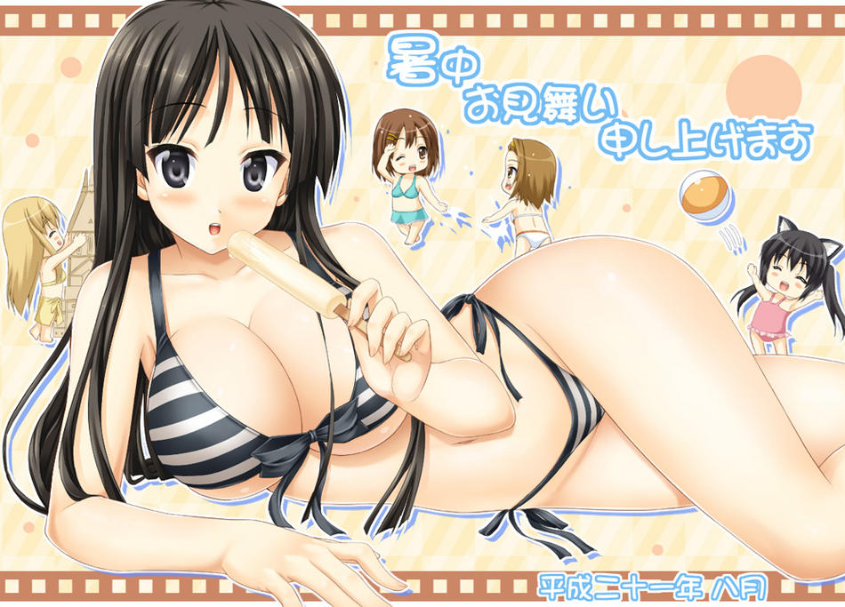 k-on!, bikini, blush, breasts, chibi, cleavage, swimsuit