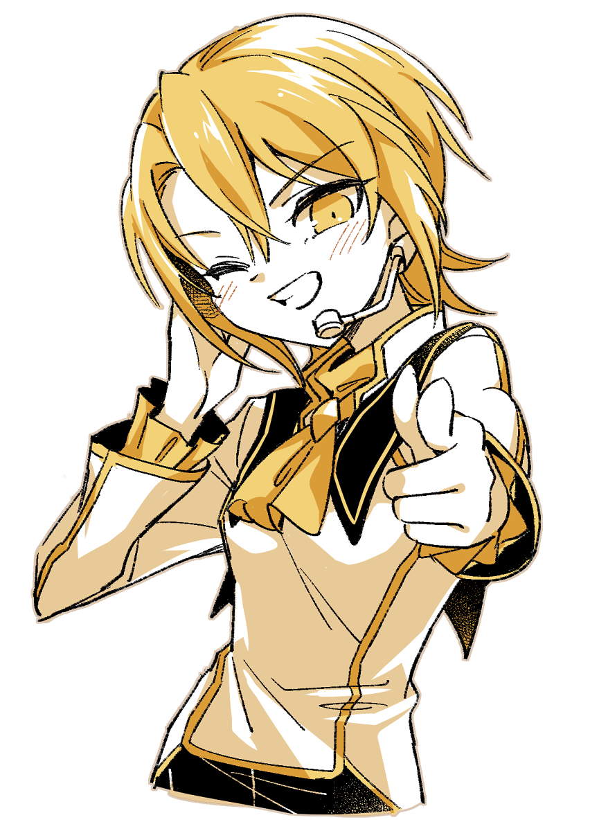 suno (imydream), hasumi leia, mahou shoujo no majo saiban, commentary request, highres, 1girl, alternate costume, ascot, blonde hair, collared shirt, foreshortening, grin, hands up, long sleeves, looking at viewer, one eye closed, partially colored, pointing, pointing at viewer, shirt, short hair, simple background, smile, solo, white background, yellow eyes, yellow theme