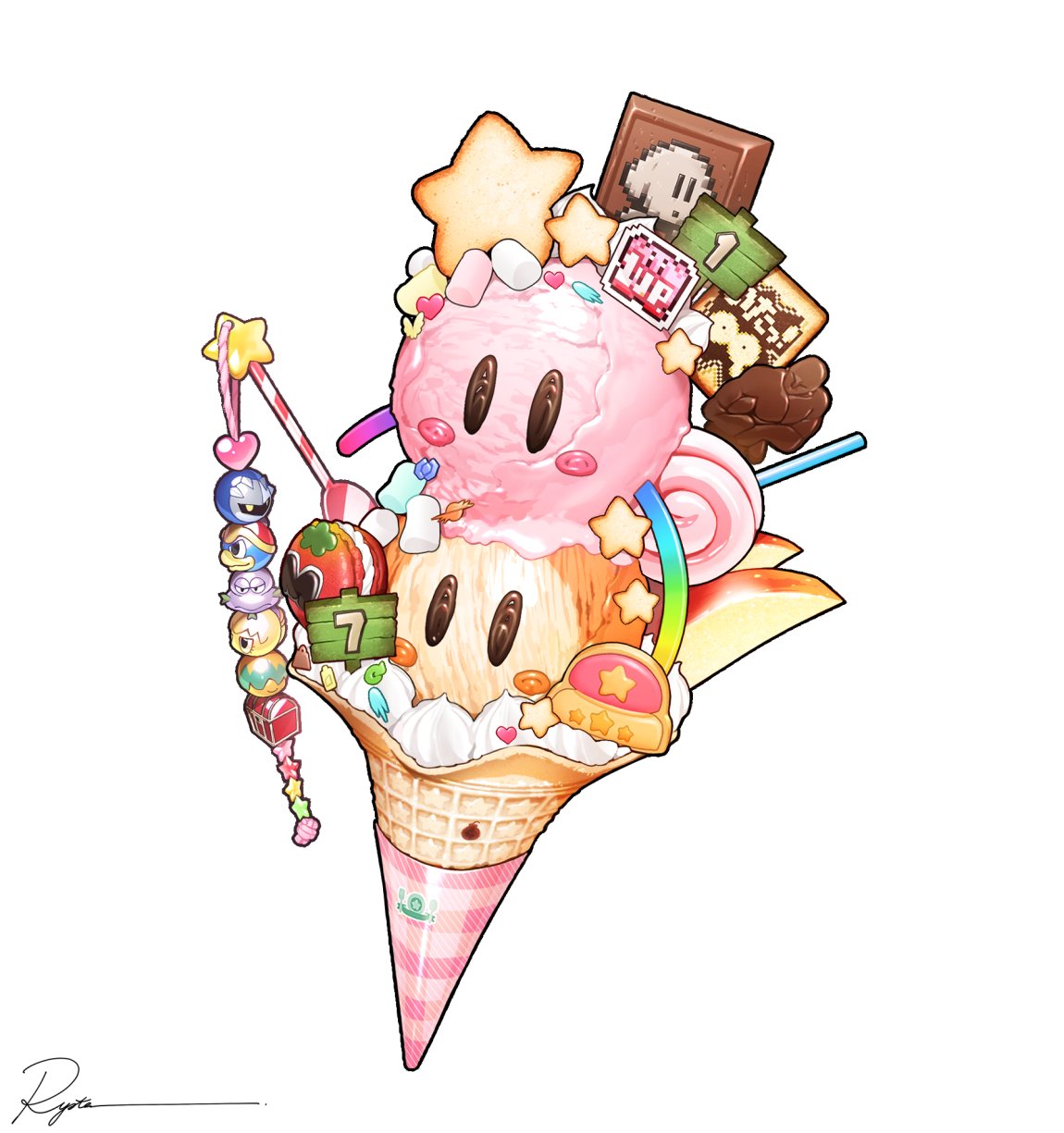 ryota (ry o ta), bun (kirby), fumu (kirby), king dedede, kirby, meta knight, waddle dee, kirby's dream land, kirby: right back at ya!, kirby (series), nintendo, character request, commentary, highres, symbol-only commentary, 1up, apple, apple slice, candy, character-themed food, food, food focus, fruit, heart, ice cream, invincible candy, lollipop, macaron, marshmallow, maxim tomato, sign, signature, star (symbol), swirl lollipop