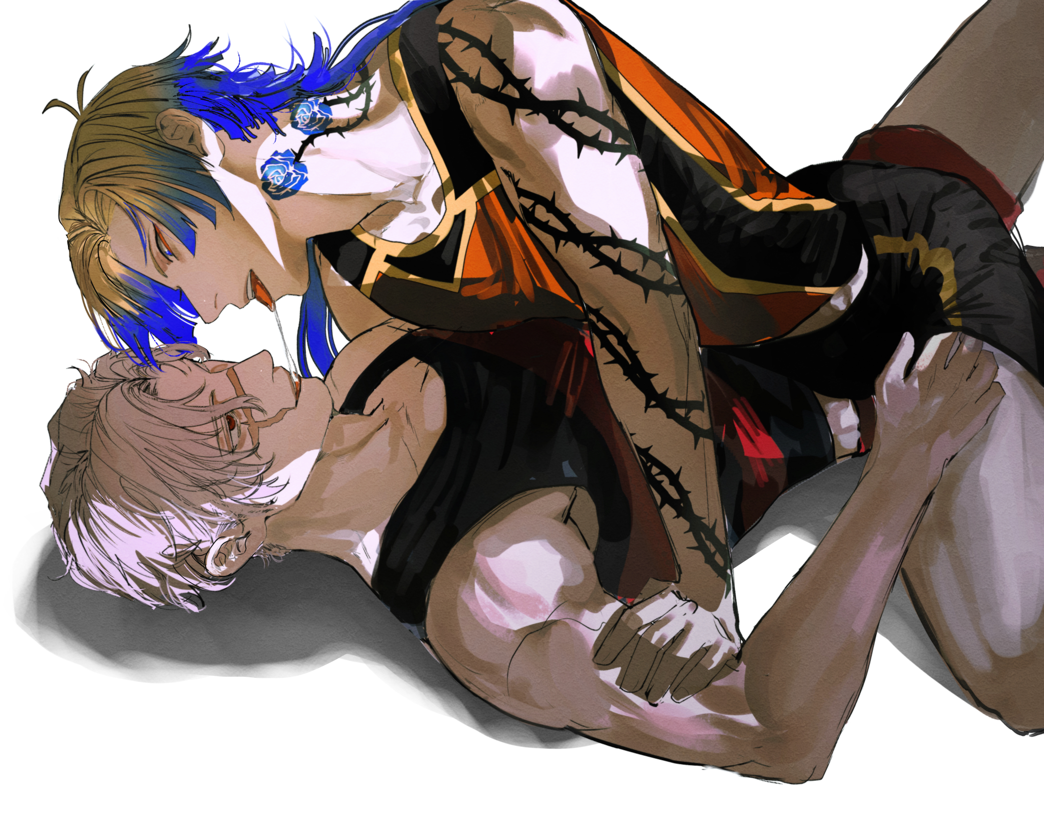 ogata69, bunny iglesias, michael kaiser, blue lock, commentary, english commentary, highres, 2boys, adam's apple, after kiss, arm tattoo, bastard munchen soccer uniform, blonde hair, blue eyes, blue hair, blue tattoo, boy on top, eye contact, flower tattoo, gradient hair, long hair, looking at another, lying, male focus, midriff peek, multicolored hair, multiple boys, neck tattoo, on back, saliva, saliva trail, scar, scar on face, scar on nose, short hair, simple background, sportswear, tattoo, teeth, tongue, tongue out, two-tone hair, white background, white hair, yaoi