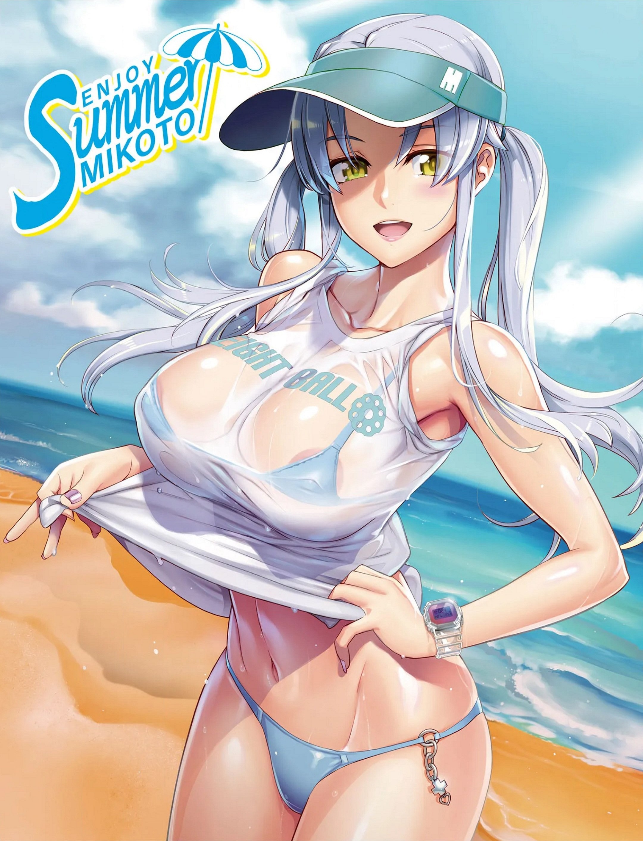 satou shouji, triage x, absurdres, highres, 1girl, areola slip, bare arms, beach, bikini, blue bikini, blue sky, blush, clothes lift, cloud, collarbone, covered erect nipples, day, grey hair, long hair, looking at viewer, navel, o-ring, o-ring bikini, ocean, open mouth, outdoors, see-through clothes, see-through shirt, shirt, shirt lift, sidelocks, sky, sleeveless, sleeveless shirt, smile, solo, swimsuit, twintails, undressing, visor cap, watch, wet, wet clothes, white shirt, wristwatch, yellow eyes