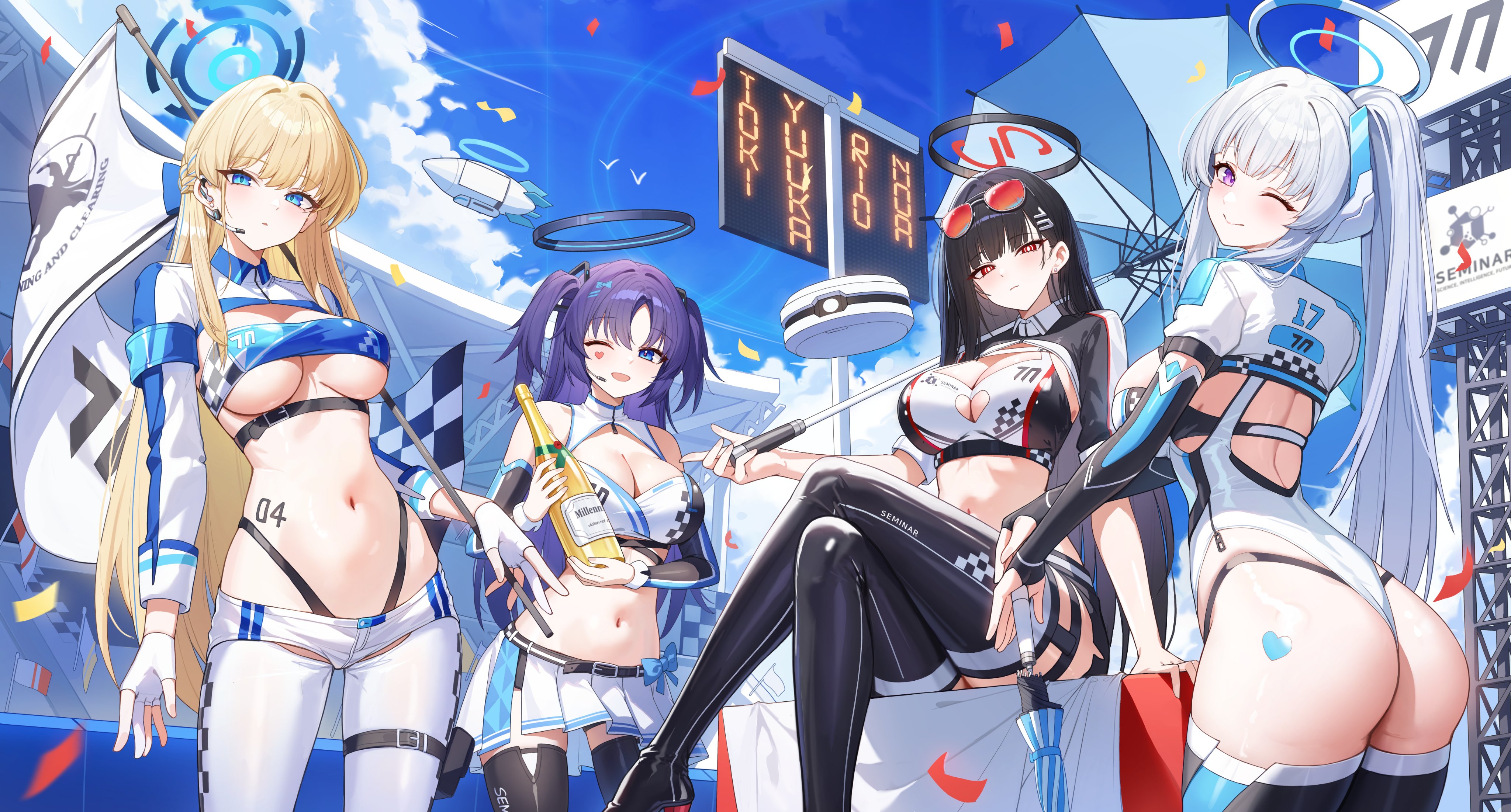 esseppd, noa (blue archive), rio (blue archive), toki (blue archive), yuuka (blue archive), blue archive, absurdres, commentary request, highres, 4girls, aircraft, ass, back, belt, black belt, black gloves, black hair, black halo, black shrug, black thighhighs, blonde hair, blue eyes, blue halo, blue shrug, blue sky, bottle, breasts, champagne bottle, character name, checkered clothes, checkered flag, cleavage, cleavage cutout, closed mouth, clothing cutout, cloud, collared shrug, confetti, crop top, crossed legs, dirigible, earpiece, elbow gloves, eyewear on head, fingerless gloves, flag, gloves, hair behind ear, hair ornament, halo, head tilt, headgear, heart, heart sticker, highleg, highleg panties, holding, holding bottle, holding umbrella, large breasts, leotard, long hair, long sleeves, looking at viewer, looking back, micro shorts, microphone, midriff, millennium science school logo, multicolored halo, multicolored shrug, multiple girls, navel, non-humanoid robot, one eye closed, open mouth, outdoors, panties, parted lips, pleated skirt, podium, ponytail, purple eyes, race flag, race queen, red eyes, robot, shorts, shrug (clothing), sidelocks, sitting, skirt, sky, smile, stadium, standing, sticker, stomach, thigh strap, thighhighs, thighs, triangle hair ornament, turning head, two-tone shrug, two side up, umbrella, underboob, underwear, very long hair, white gloves, white hair, white halo, white shorts, white shrug, white skirt, white thighhighs