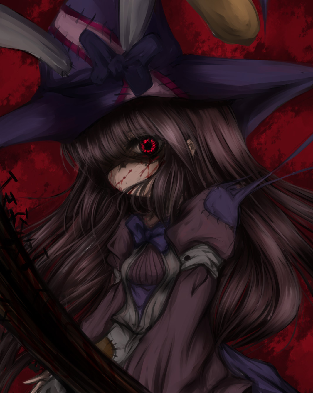 shimo (depthbomb), irisu kyouko, irisu shoukougun!, character request, highres, 1girl, blood, creepy, female focus, hair over one eye, hat, horror (theme), red eyes, solo
