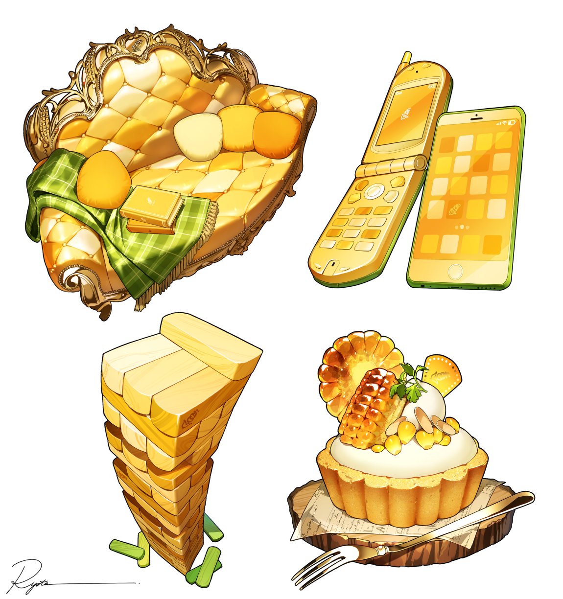 ryota (ry o ta), original, commentary, highres, symbol-only commentary, book, cellphone, corn, couch, flip phone, food, food focus, fork, jenga, no humans, phone, pie, signature, simple background, smartphone, towel, white background