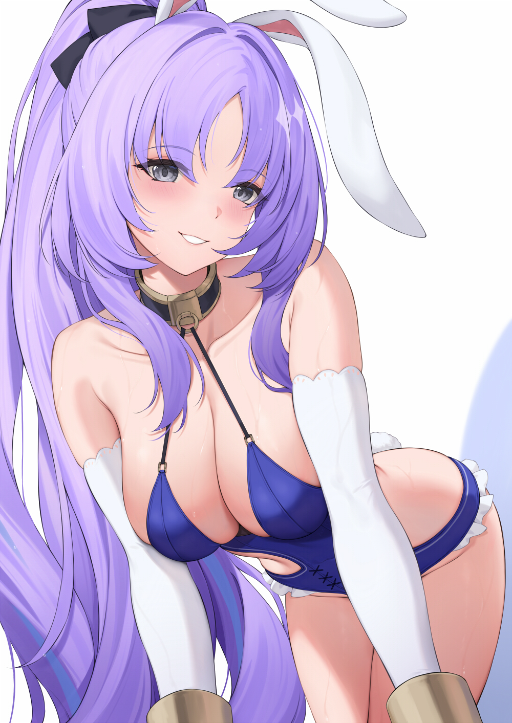 pak ce, shia (stella sora), stella sora, commentary request, highres, 1girl, animal ears, bare shoulders, bent over, black bow, blue leotard, bow, breasts, cleavage, collarbone, elbow gloves, gloves, grey eyes, hair bow, large breasts, leotard, long hair, parted bangs, ponytail, purple hair, rabbit ears, rabbit girl, rabbit tail, smile, solo, tail, very long hair, white background, white gloves