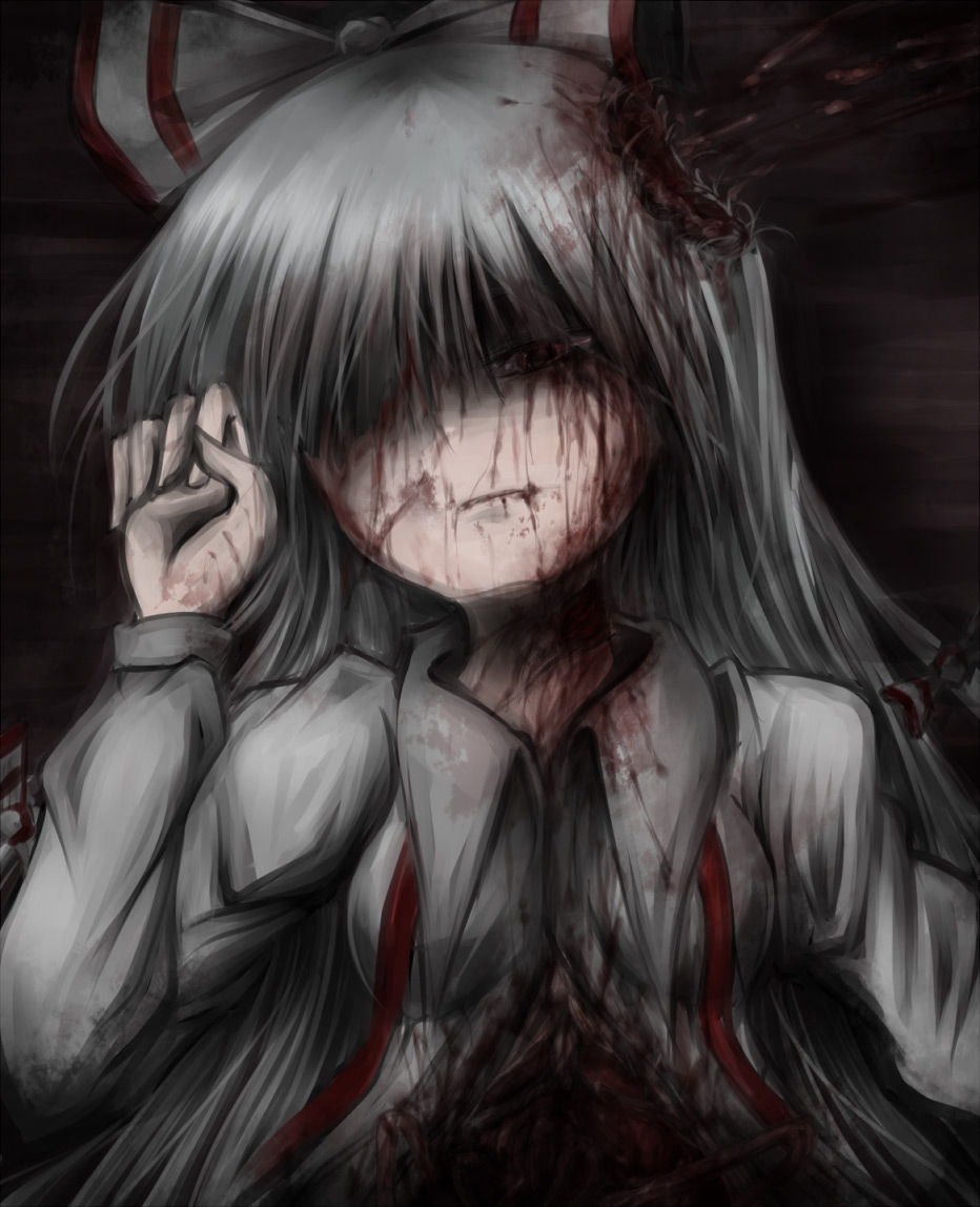 shimo (depthbomb), fujiwara no mokou, touhou, blood, female focus, guro, hair over one eye, hair ribbon, long hair, red eyes, ribbon, solo, white hair