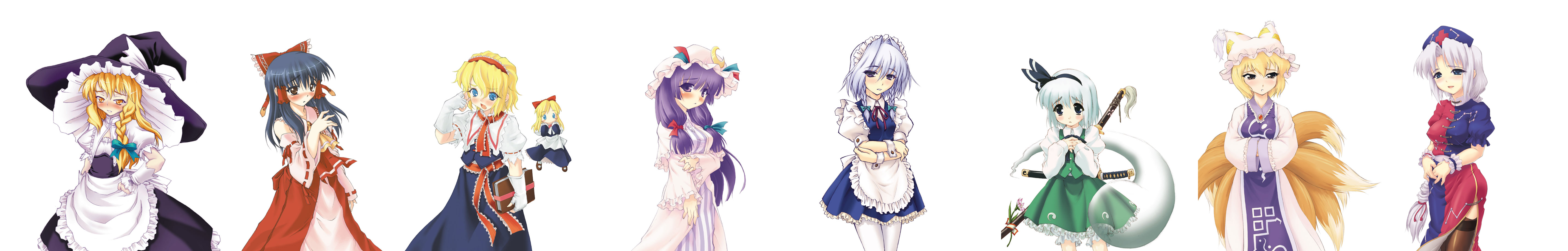 yaburebouki akuta, alice margatroid, hakurei reimu, izayoi sakuya, kirisame marisa, konpaku youmu, konpaku youmu (ghost), patchouli knowledge, shanghai doll, yagokoro eirin, yakumo ran, touhou, silver hair, absurdres, highres, long image, wide image, 6+girls, :<, animal hat, apron, black hair, blonde hair, blue eyes, blush, book, bow, braid, brown eyes, detached sleeves, doll, everyone, female focus, fingerless gloves, fox tail, ghost, gloves, hair bow, hairband, hands in opposite sleeves, hat, hitodama, japanese clothes, katana, long hair, long sleeves, maid, maid apron, maid headdress, miko, mob cap, multiple girls, multiple tails, puffy short sleeves, puffy sleeves, purple eyes, purple hair, sheath, sheathed, short hair, short sleeves, sword, tail, tassel, twin braids, weapon, white background, wide sleeves, witch, witch hat, wrist cuffs, yellow eyes