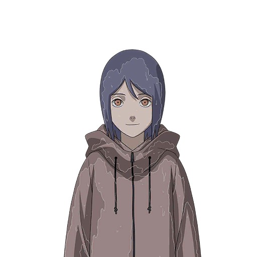 konan (naruto), naruto (series), naruto shippuuden, non-web source, 1girl, blue hair, eyeshadow, looking at viewer, makeup, orange eyes, short hair, solo