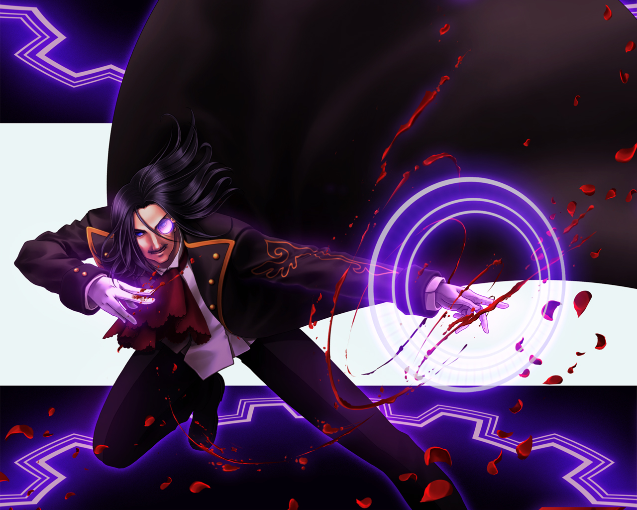 nomo (16 16), ronove (umineko), umineko no naku koro ni, bad id, bad pixiv id, 00s, 1boy, black hair, blood, butler, facial hair, flower, formal clothes, gloves, magic circle, male focus, monocle, mustache, necktie, petals, short hair, solo