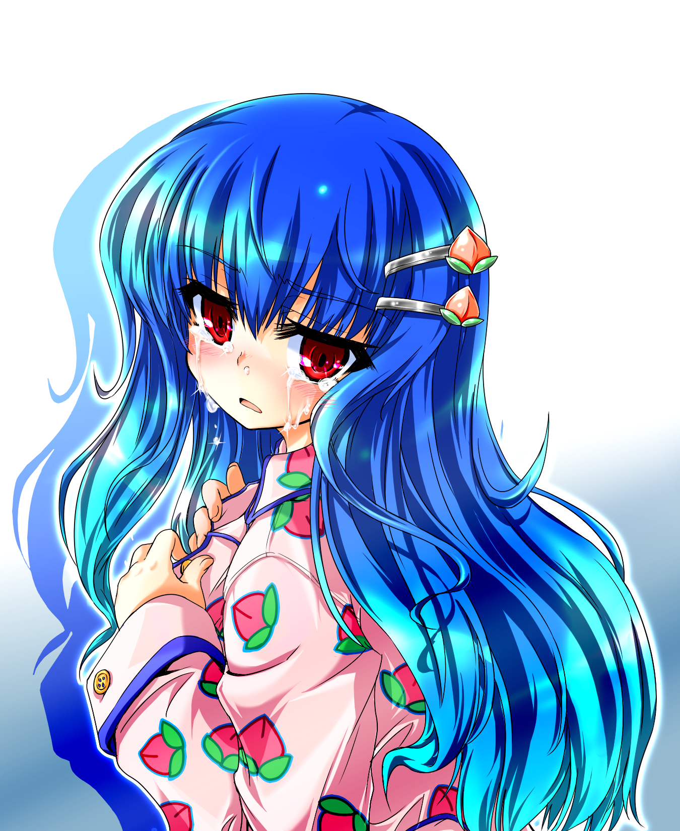 iseno yajin, hinanawi tenshi, touhou, highres, 1girl, blue hair, female focus, gradient background, hair ornament, hairclip, long hair, pajamas, red eyes, solo, tears, upper body, white background