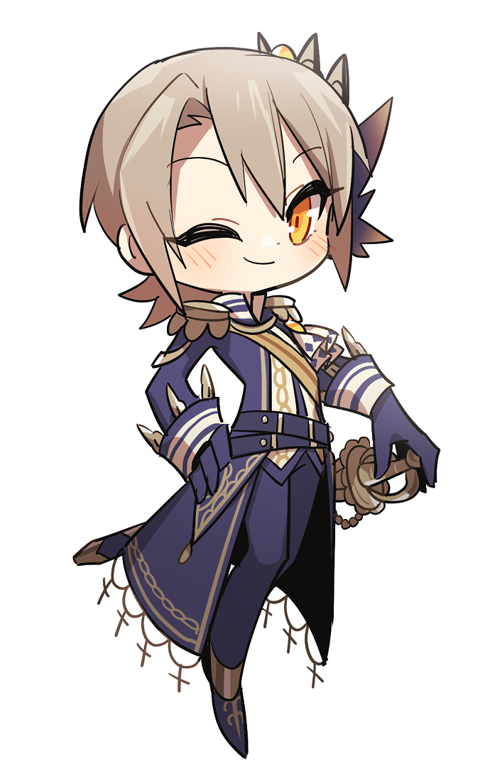 suno (imydream), hasumi leia, mahou shoujo no majo saiban, commentary request, 1girl, belt, black belt, black gloves, black jacket, black pants, blonde hair, chibi, chibi only, closed mouth, epaulettes, full body, gloves, hand on hilt, jacket, long sleeves, looking at viewer, one eye closed, pants, sash, sheath, sheathed, short hair, shoulder sash, simple background, smile, solo, standing, sword, weapon, white background, yellow eyes