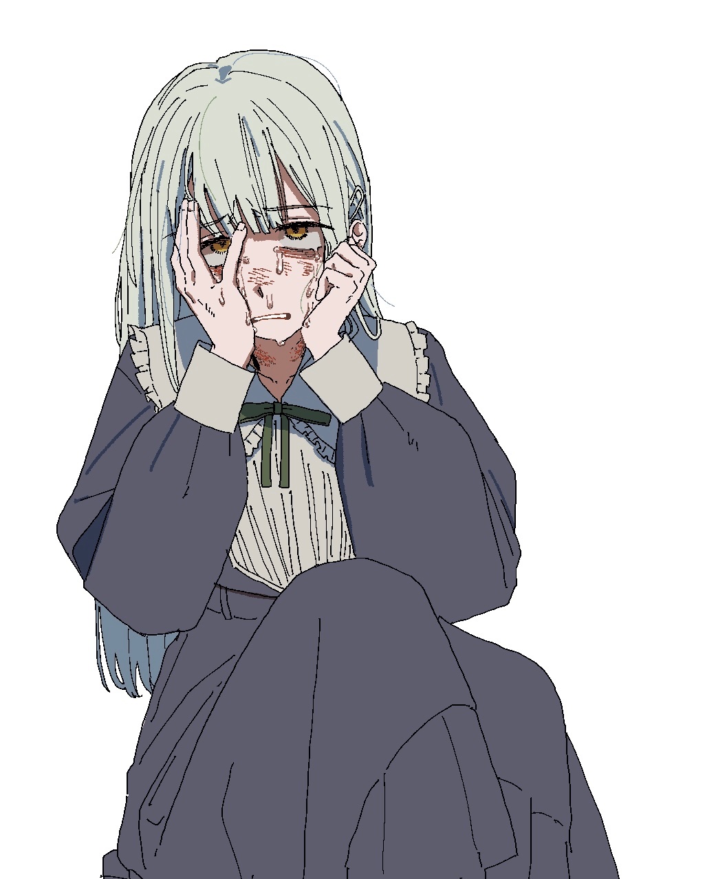 rkrkmnab, wakaba mutsumi, bang dream!, bang dream! it's mygo!!!!!, commentary request, highres, 1girl, black dress, blonde hair, crying, crying with eyes open, dress, frown, hair ornament, hairclip, hands on own face, hands up, knee up, long dress, long hair, long sleeves, neck ribbon, parted lips, red ribbon, ribbon, simple background, sitting, solo, tears, white background, yellow eyes