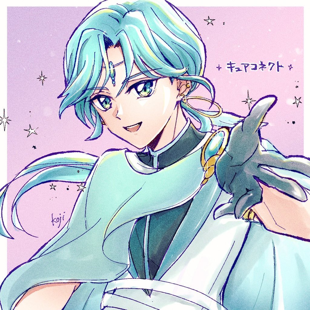 hibiki kaito, kimi to idol precure, precure, 1boy, bare arms, belt, black gloves, brooch, buttons, cloak, cure connect, diamond (shape), diamond button, earrings, forehead jewel, gloves, green cloak, green eyes, green hair, half gloves, hood, hooded cloak, hoop, hoop earrings, jewelry, kojiro39, long hair, looking at viewer, low-tied long hair, mature male, multiple earrings, parted bangs, pink background, reaching, reaching towards viewer, signature, sleeveless, solo, solo focus, upper body