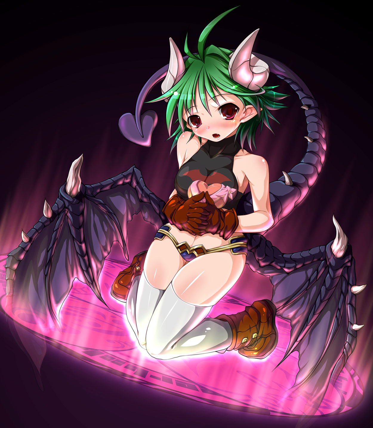 yatarou (rapidrabbit), rukia moon, shinrabanshou, highres, 1girl, boots, demon girl, fang, female focus, gloves, green hair, horns, pointy ears, red eyes, short hair, solo, tail, thighhighs, valentine, wings