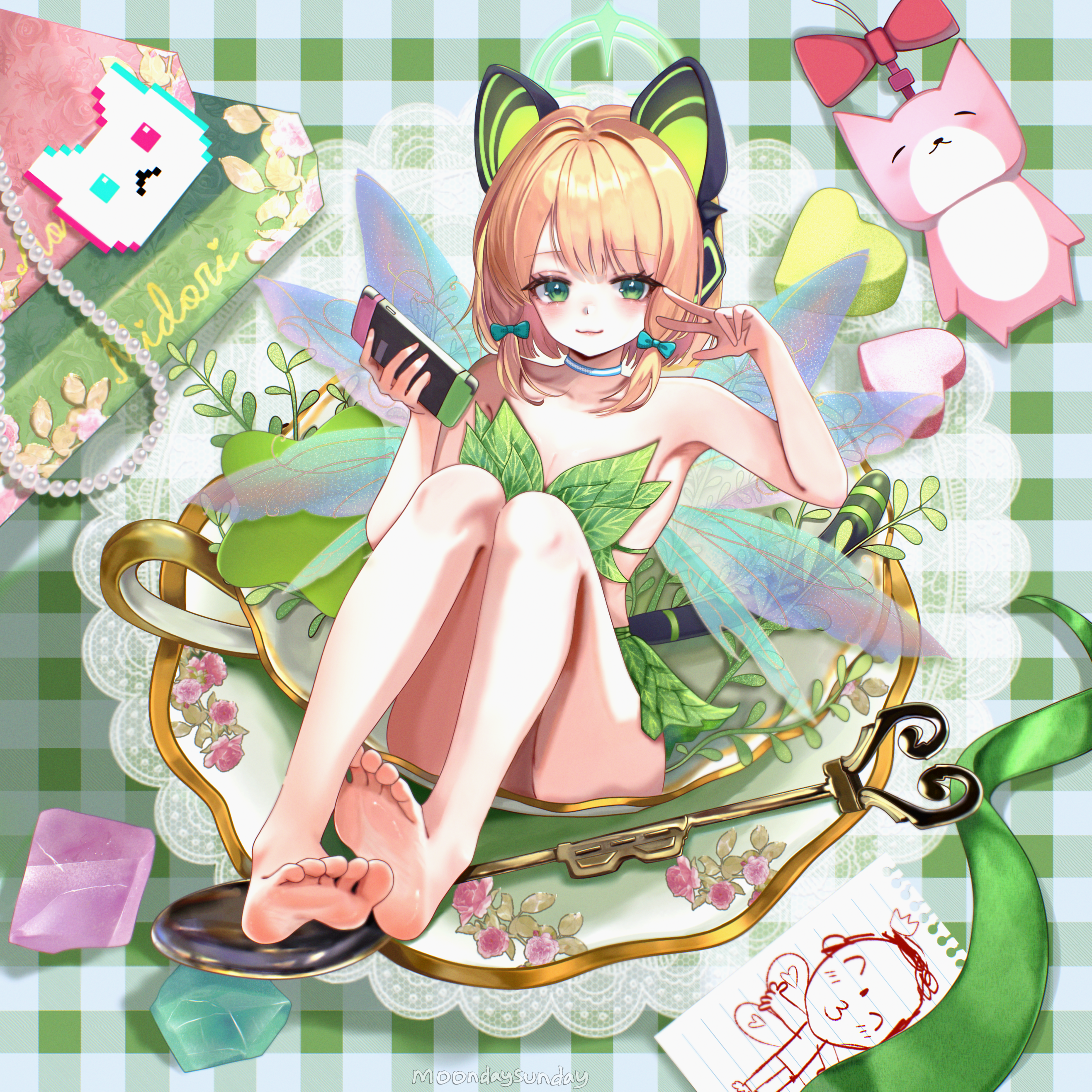 matchacha, doodle sensei (blue archive), midori (blue archive), sensei (blue archive), blue archive, absurdres, commentary, english commentary, highres, 1girl, animal ear headphones, animal ears, armpits, bare legs, barefoot, bikini, blonde hair, blush, cat ear headphones, cat ears, closed mouth, fairy wings, fake animal ears, flat chest, green eyes, green halo, halo, handheld game console, headphones, holding, holding handheld game console, leaf bikini, looking at viewer, short hair, sitting, smile, soles, solo, swimsuit, wings