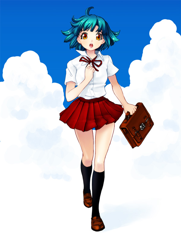kunishige keiichi, original, 1girl, :o, aqua hair, bag, black socks, cloud, female focus, full body, kneehighs, legs, loafers, looking at viewer, miniskirt, neck ribbon, orange eyes, pleated skirt, ribbon, school bag, school uniform, shirt, shoes, short hair, short sleeves, skirt, socks, solo, walking, white shirt, wing collar