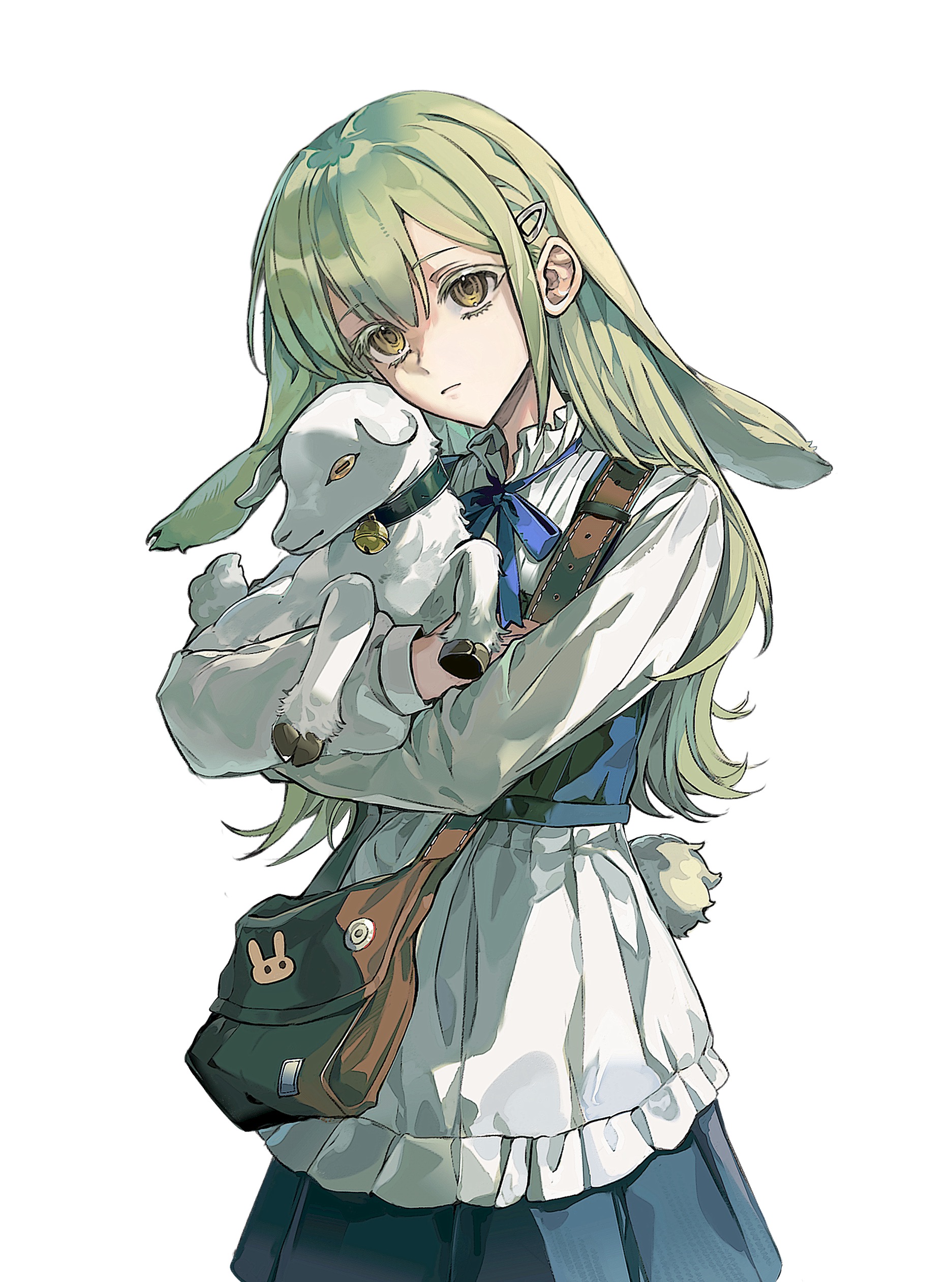 wakaba mutsumi, wakaba mutsumi (cautus), bang dream!, bang dream! it's mygo!!!!!, absurdres, highres, 1girl, animal, animal ears, bell, blue skirt, brown bag, closed mouth, cowboy shot, cruc1fixx, floppy ears, goat, green hair, hair ornament, hairclip, holding, holding animal, jingle bell, long hair, long sleeves, looking at viewer, neck bell, neck ribbon, rabbit ears, rabbit girl, ribbon, shirt, sidelocks, simple background, skirt, solo, standing, white background, white shirt, yellow eyes