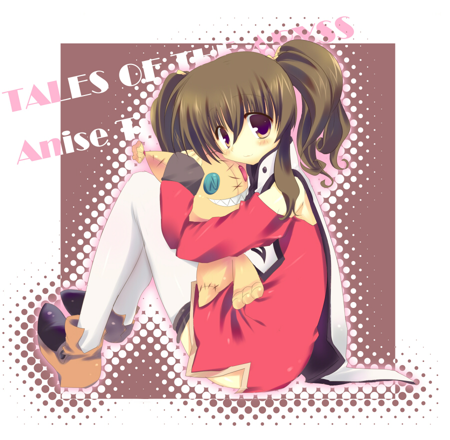 kinoko (hkn), anise tatlin, tokunaga (tales), tales of (series), tales of the abyss, bad id, bad pixiv id, 00s, 1girl, blush, brown eyes, brown hair, character name, copyright name, doll, female focus, halftone, halftone background, sitting, smile, solo, stuffed animal, stuffed toy, thighhighs, twintails, white thighhighs