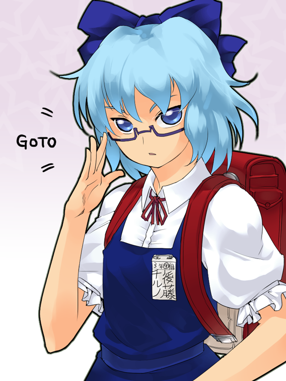 sun-3, cirno, touhou, 1girl, adjusting eyewear, arm up, backpack, bag, bespectacled, blue dress, blue eyes, blue hair, bow, dress, female focus, glasses, gradient background, hair bow, looking at viewer, name tag, purple background, randoseru, short hair, short sleeves, simple background, skirt, skirt set, solo, star (symbol), text focus