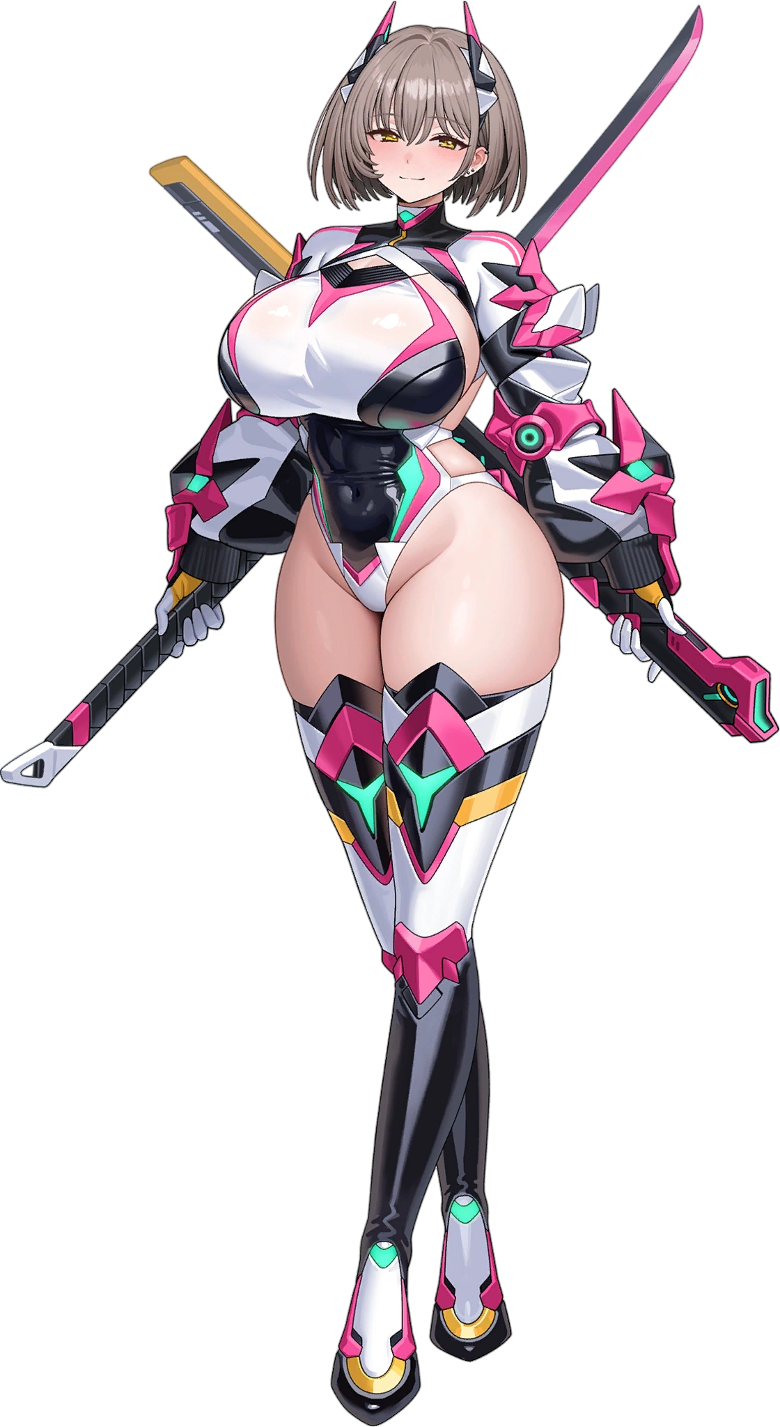 tsune-sensei, kamioji rua, lilith-soft, taimanin (series), taimanin rpgx, 1girl, breasts, curvy, full body, highleg, highleg leotard, holding, holding sword, holding weapon, huge breasts, leotard, looking at viewer, multicolored leotard, revealing clothes, shiny skin, short hair, smile, sword, thick thighs, thighs, transparent background, weapon, wide hips