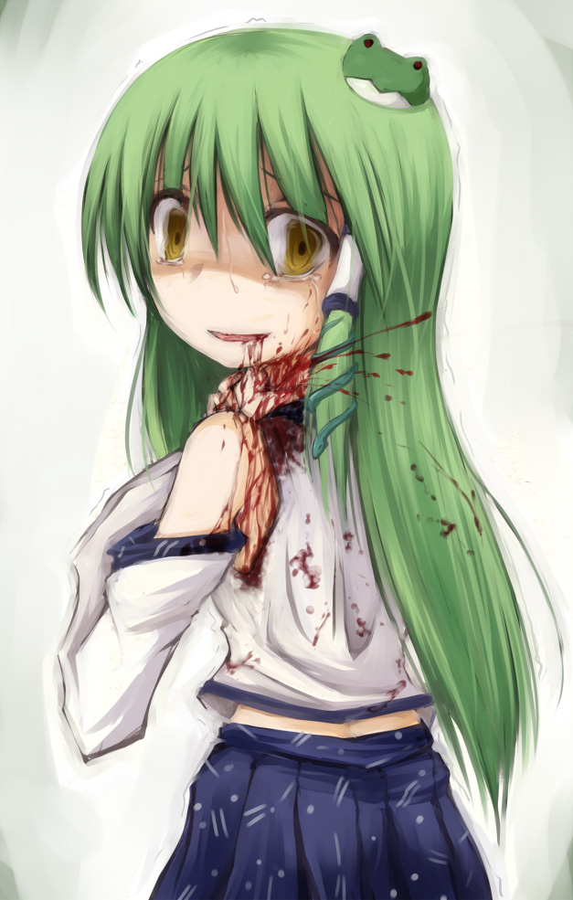 shimo (depthbomb), kochiya sanae, higurashi no naku koro ni, touhou, 00s, blood, blood on clothes, blood on face, detached sleeves, female focus, green hair, guro, hair between eyes, japanese clothes, long hair, miko, slit throat, solo, tears, yellow eyes