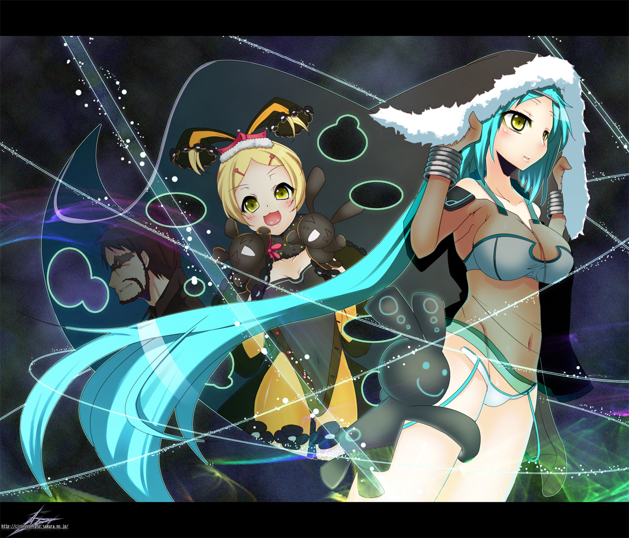 oborozuki, rougetsu (eclipse), ernula, ranatus, senkou no ronde, 2girls, antenna hair, blonde hair, blue hair, blush, breasts, cape, crown, large breasts, long hair, multiple girls, navel, panties, rabbit, see-through clothes, short hair, smile, stuffed animal, stuffed rabbit, stuffed toy, underwear, very long hair, yellow eyes