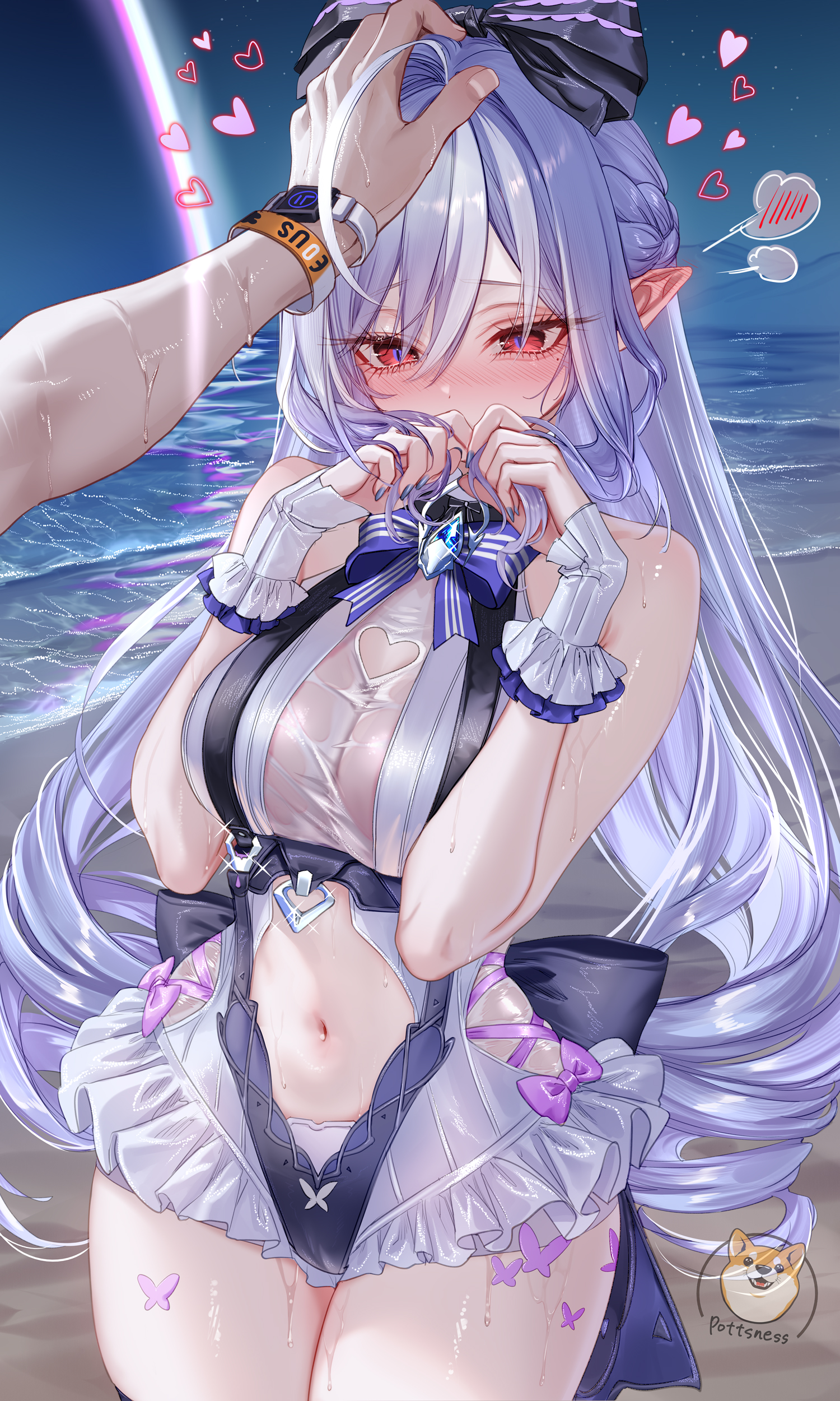 pottsness, vivian banshee, vivian banshee (iris of the shore), wise (zenless zone zero), zenless zone zero, absurdres, commentary request, highres, 1boy, 1girl, beach, blush, breasts, clothing cutout, covering own mouth, drill hair, headpat, heart, heart cutout, large breasts, long hair, multicolored hair, ocean, official alternate costume, one-piece swimsuit, playing with own hair, pointy ears, purple hair, purple nails, red eyes, smartwatch, stomach, streaked hair, swimsuit, watch, wet, wet clothes, wet swimsuit, white hair, white one-piece swimsuit, wrist cuffs, wristwatch