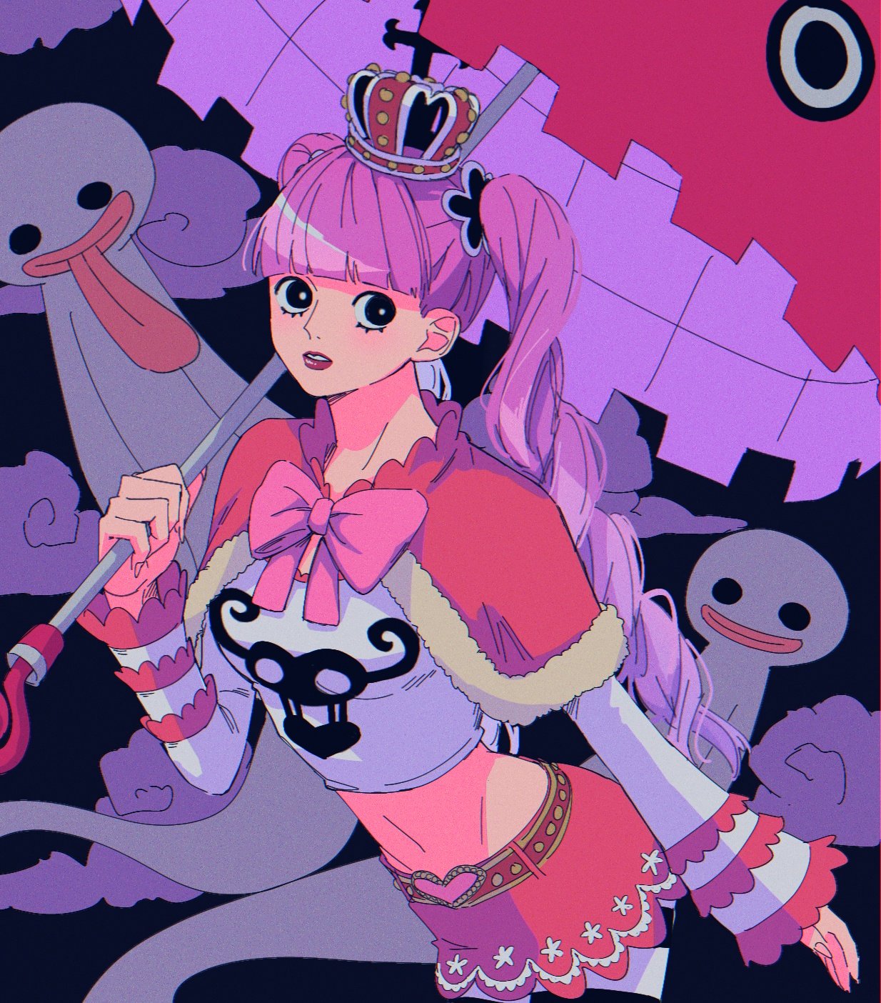 hdksz 39, perona, one piece, commentary request, highres, 1girl, black eyes, blunt bangs, bow, bowtie, capelet, crop top, crown, drill hair, ghost, holding, holding umbrella, long sleeves, pantyhose, pink hair, skirt, solo, striped clothes, striped pantyhose, tongue, tongue out, twin drills, twintails, umbrella